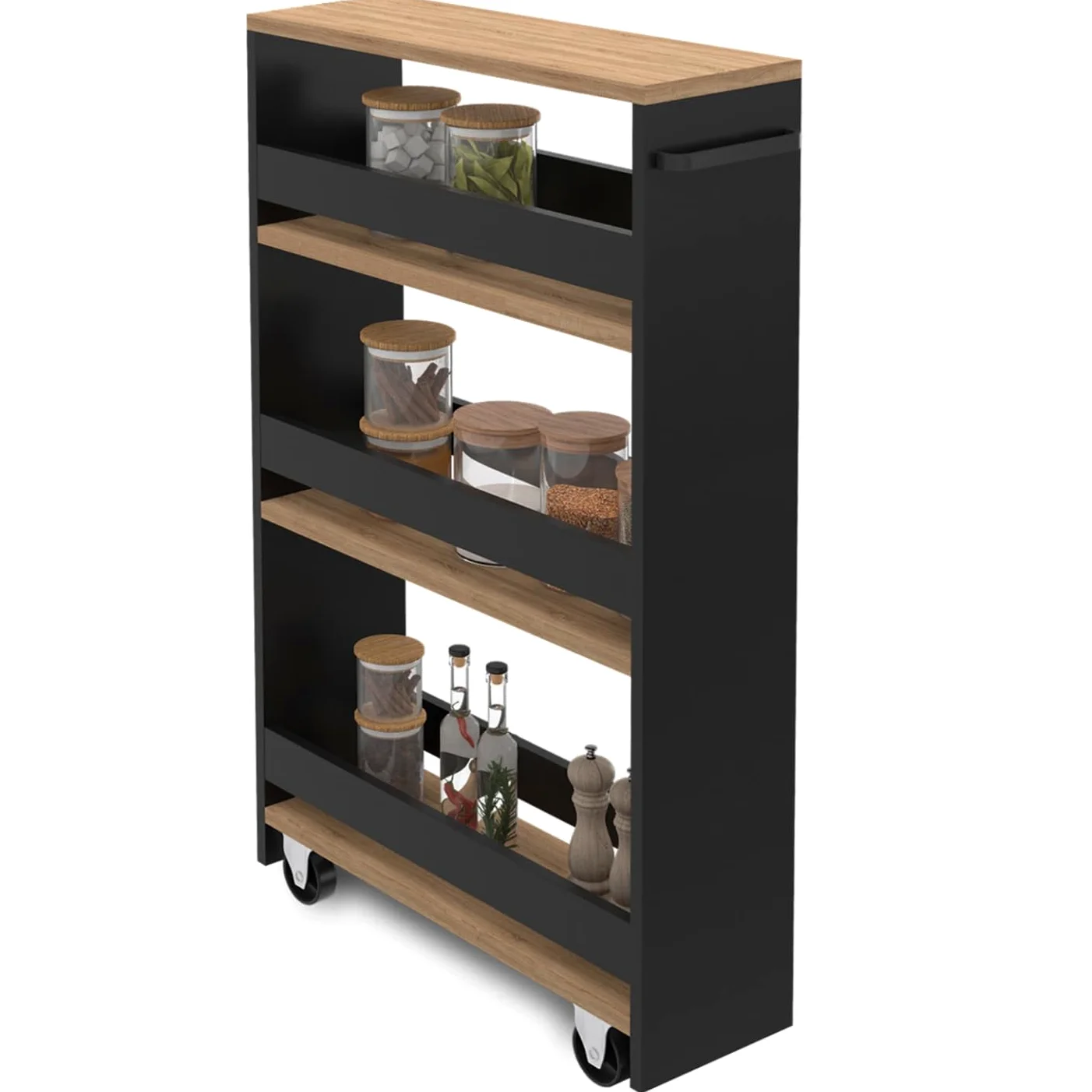 IDMarket - Desserte de cuisine gain de place HAGA chariot de rangement à étages noir et façon hêtre