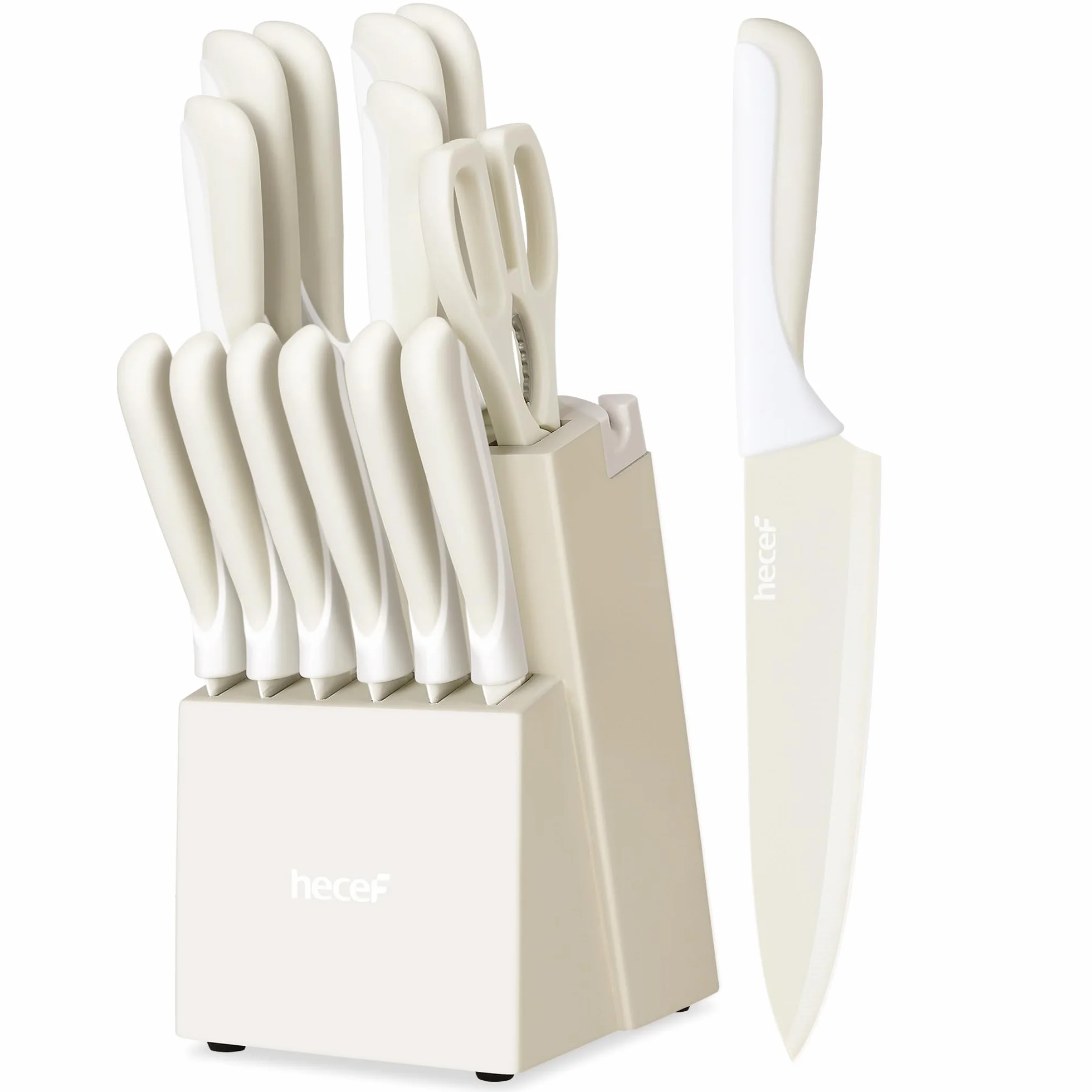 hecef Set de 14 Couteaux de Cuisine avec Bloc Aiguiseur, Revêtement Antiadhésif – Compatibles Lave-vaisselle, Manches Ergonomiques, Gain de Place, Idéal pour Cadeau ou Cuisine Moderne (Crème)