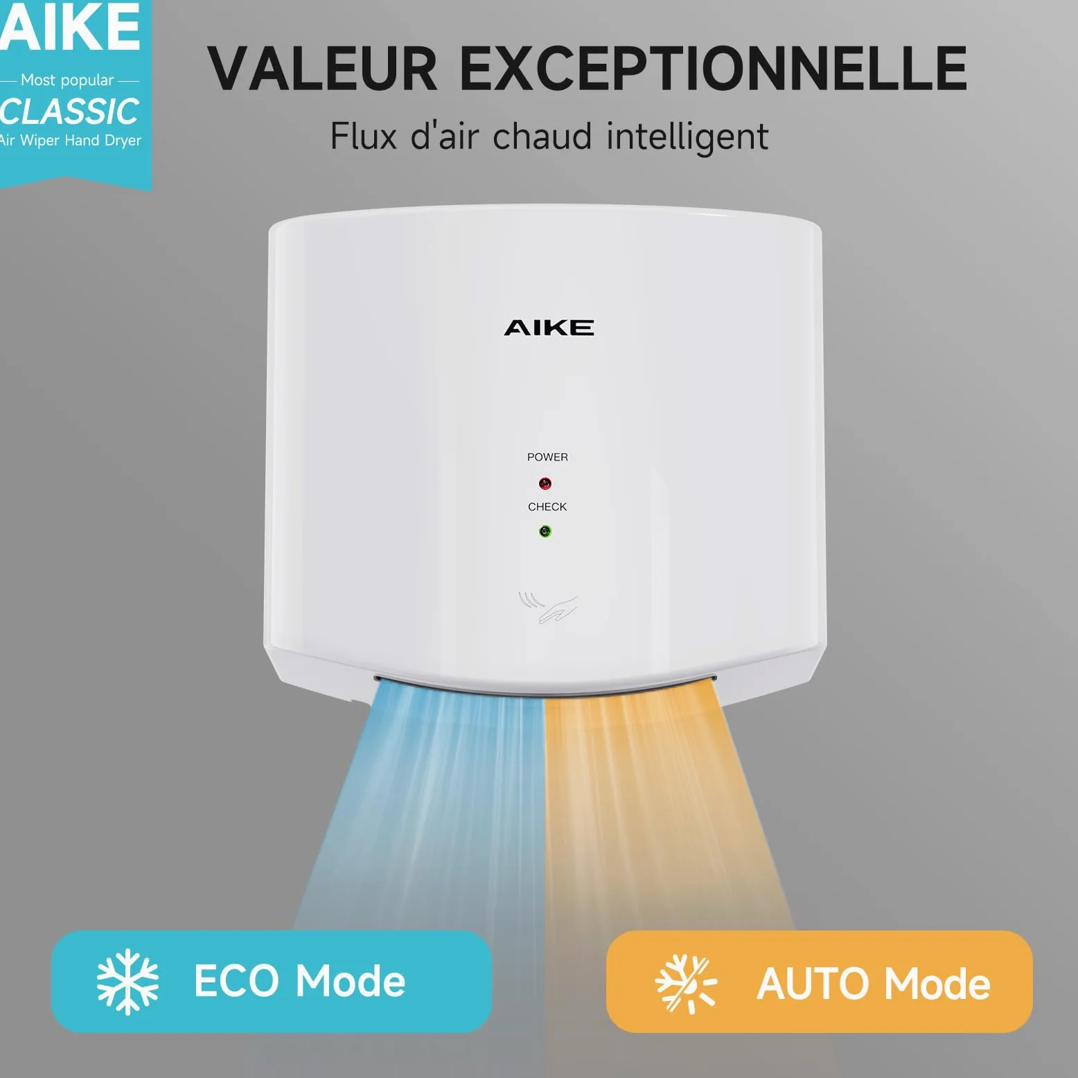 AIKE Air Wiper Sèche-Mains Compact, Séchage Rapide, 1400W 220V, Branchez & Utilisez, sans Papier & sans Contact pour Sanitaires Publics, AK2630S (Blanc)