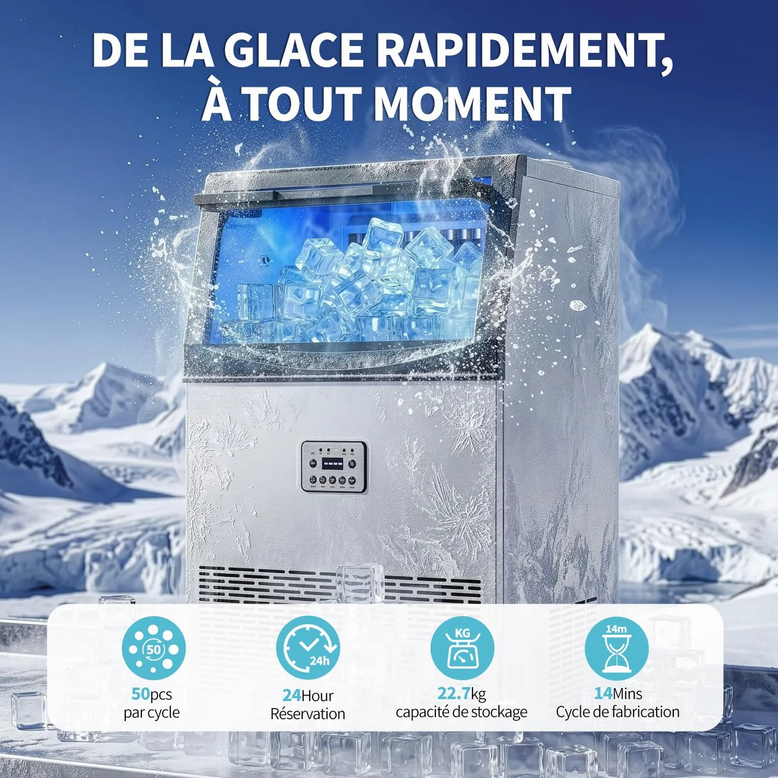 LEADZM Machine à Glaçons Commerciale 50 kg/24h, Capacité de Stockage 23 kg, 50 Glaçons par Cycle, Acier Inoxydable, Nettoyage Automatique, Idéale pour Bar, Restaurant et Café