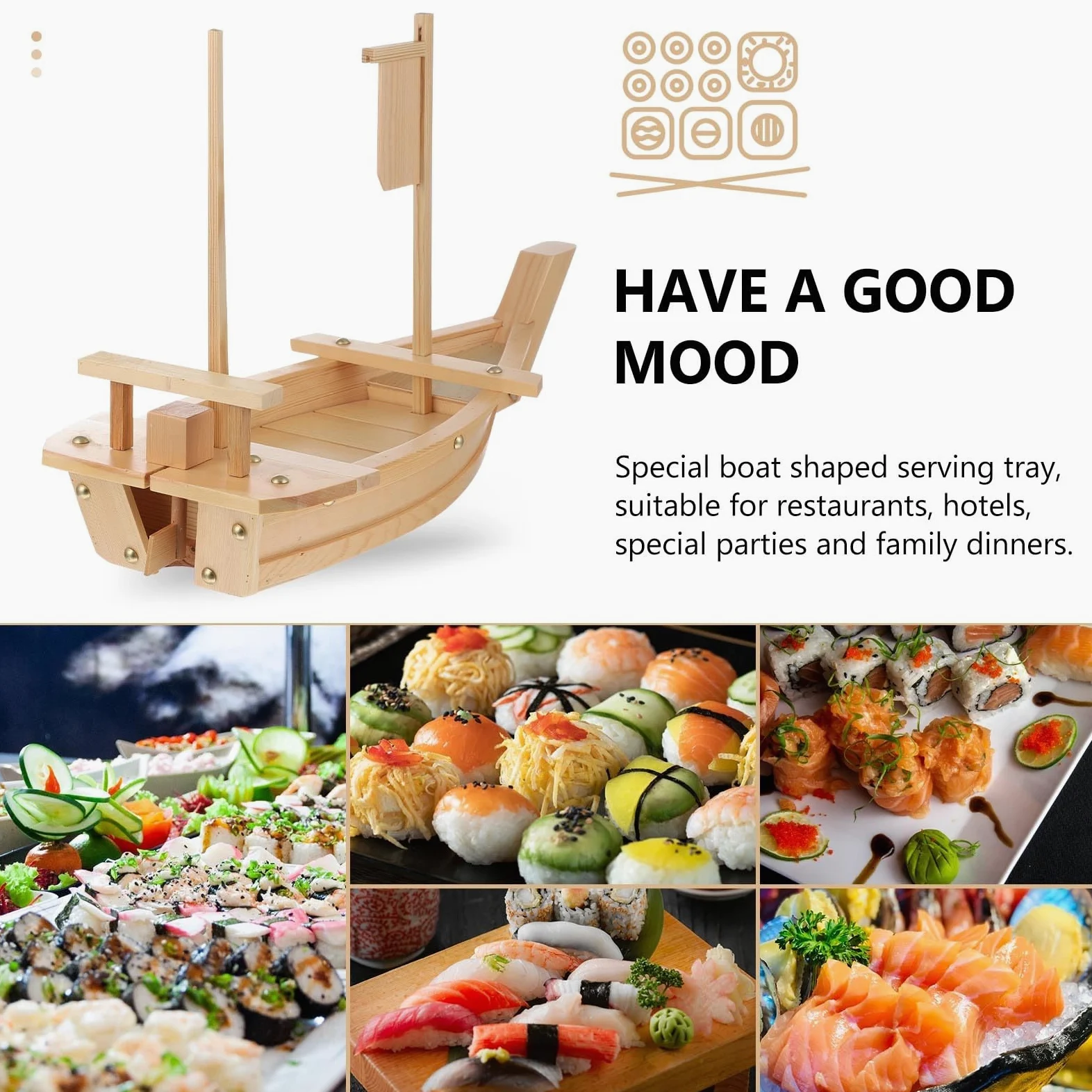Veemoon Plateau de Sushis de Bateau en Bois, pour Sashimi | Plateau de Présentation Lisse, Facile à Nettoyer, Style Japonerie, pour Restaurants et Fêtes Spéciales