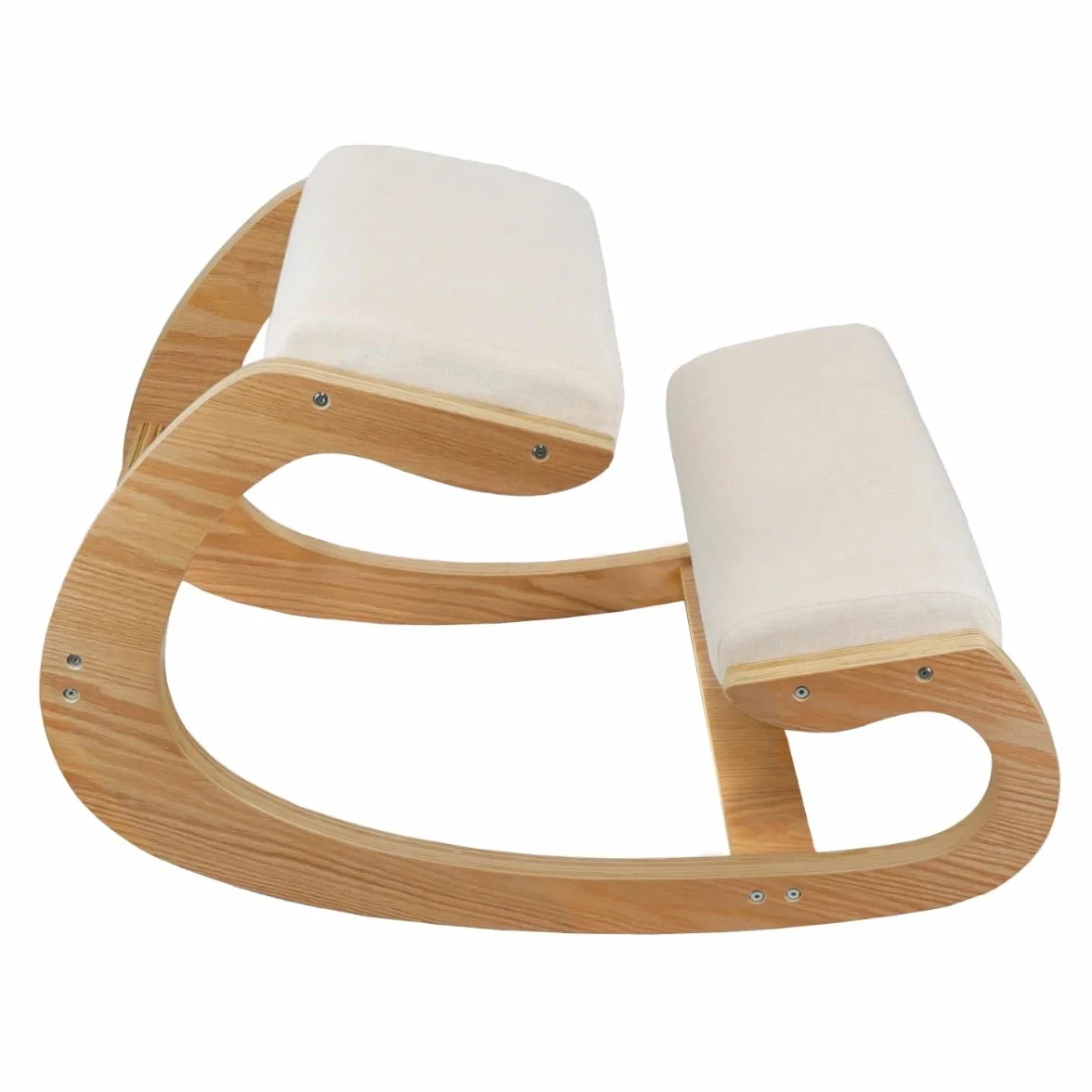 Chaise Ergonomique à genoux en Chêne - Coussins Blancs en lin épais 8cm - Bureau & Maison - Siège à bascule orthopédique – Meilleure posture & soulagement - Jusqu’à 100kg - 2x Repose-Poignets OFFERTS