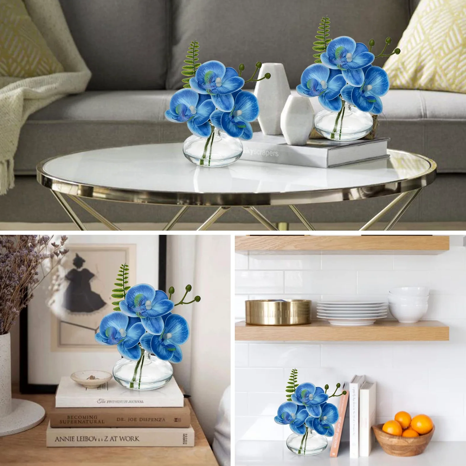 Briful Lot de 3 orchidées artificielles dans un vase en verre, orchidées bleues artificielles dans l'eau artificielle pour décoration de salon, salle de bain, bureau