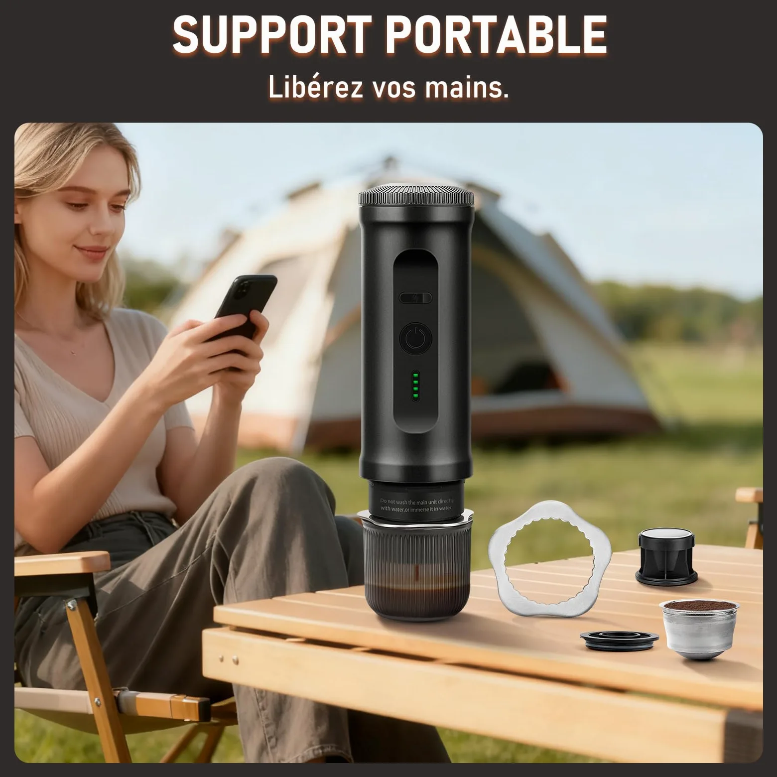 ICARE Machine à Café Portable, Cafetière Portable 2 en 1 pour Capsules NS et Café Moulu, Auto-Chauffante, Recharge USB-C, Indicateur de Batterie, pour Camping, Randonnée, Voyages, Camping-cars (Noir)
