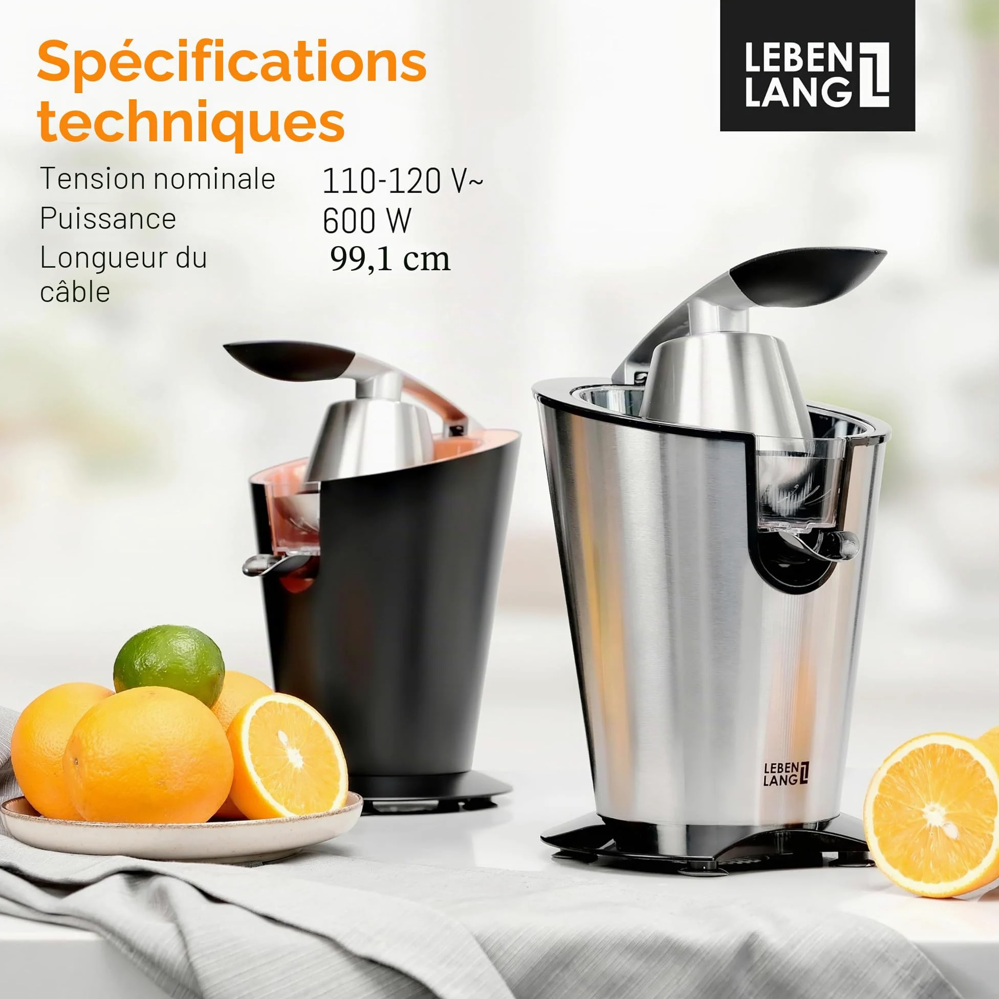 LEBENLANG Presse agrume electrique 600W - Cône en acier inoxydable & sans BPA I Presse-agrumes électriques I Juicer orange machine Presseur agrumes electriques Jus de fruit d'orange automatique