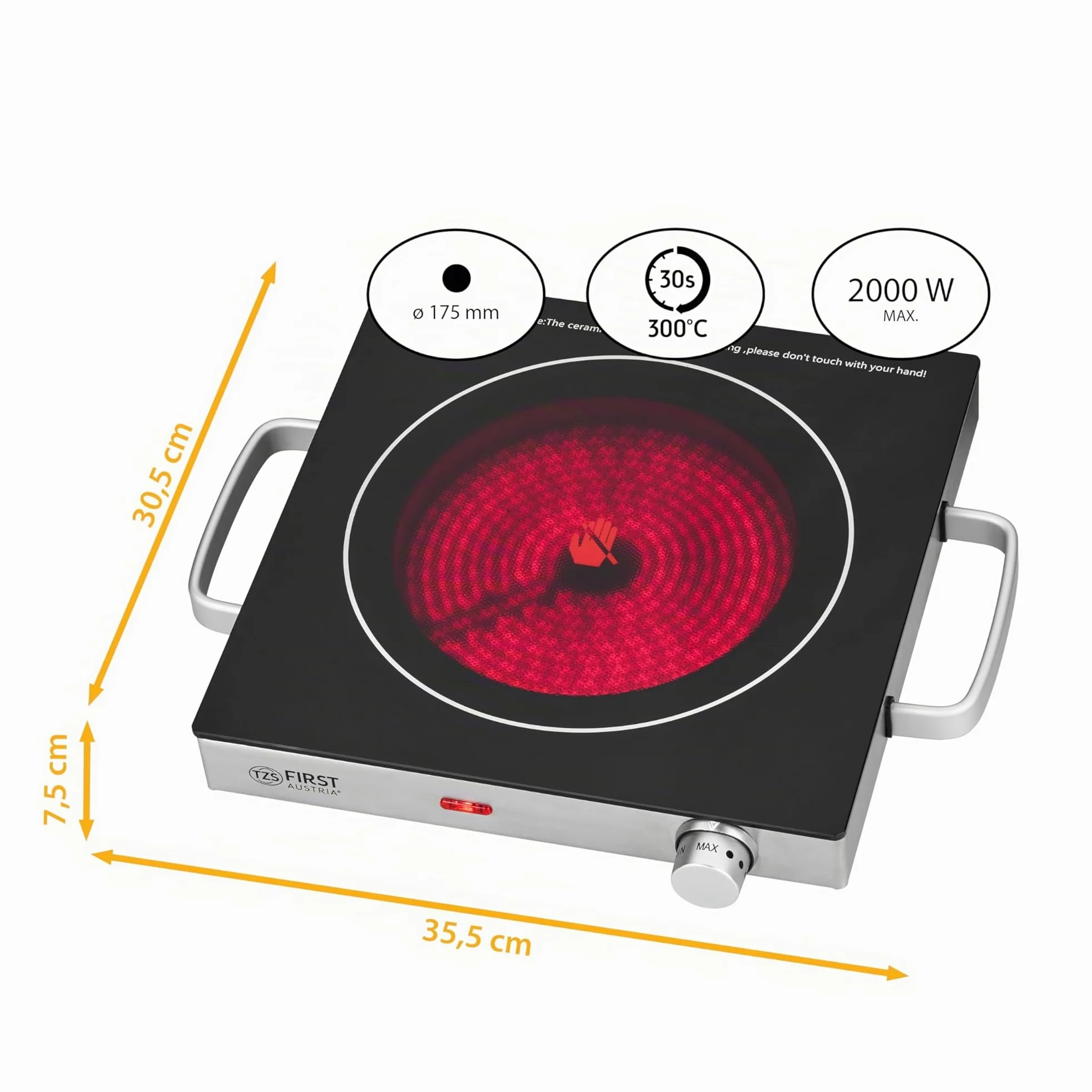 TZS First Austria - Plaque infrarouge - Ø 175 mm - Réchaud portable avec protection antisurchauffe, poignées & thermostat réglable - Vitrocéramique pour tous types de casseroles