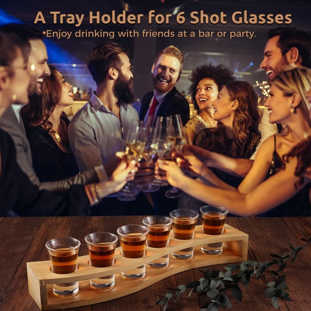 Lot de 6 verres à shot de qualité supérieure avec porte-plateau en bambou en forme de S, gobelets en verre transparent de 25 ml, parfaits pour les fêtes et les restaurants