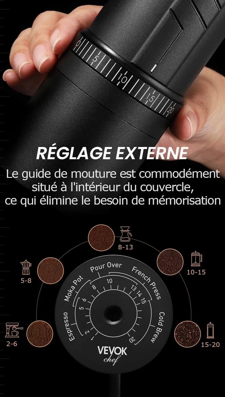 Vevok Chef Moulin à café manuel O20 – 20 niveaux de réglage externe, capacité de 35 g avec étui de voyage et équipement de nettoyage, broyage constant en acier inoxydable tii-plaqué moulin à café