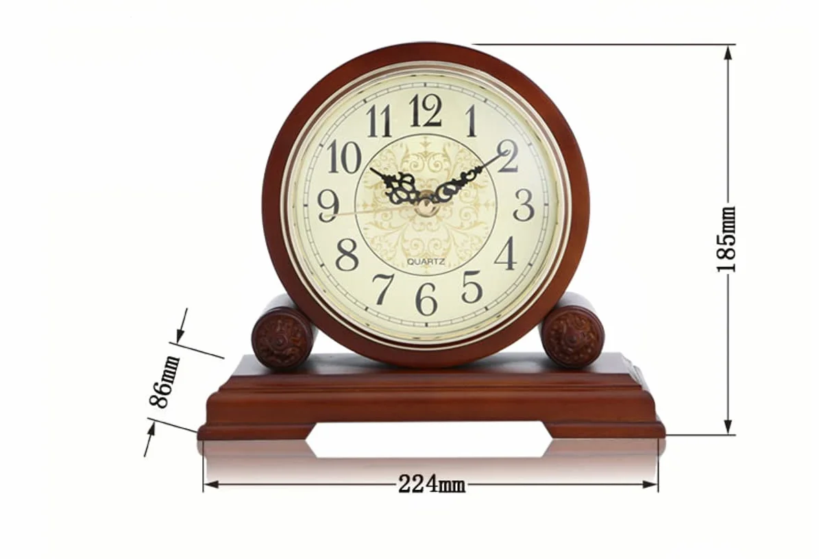Horloge de Bureau en Bois Massif, Horloge de cheminée avec Surface en Bronze et Chiffres, Horloge à Quartz silencieuse, Horloge de cheminée 23cm Long Brown