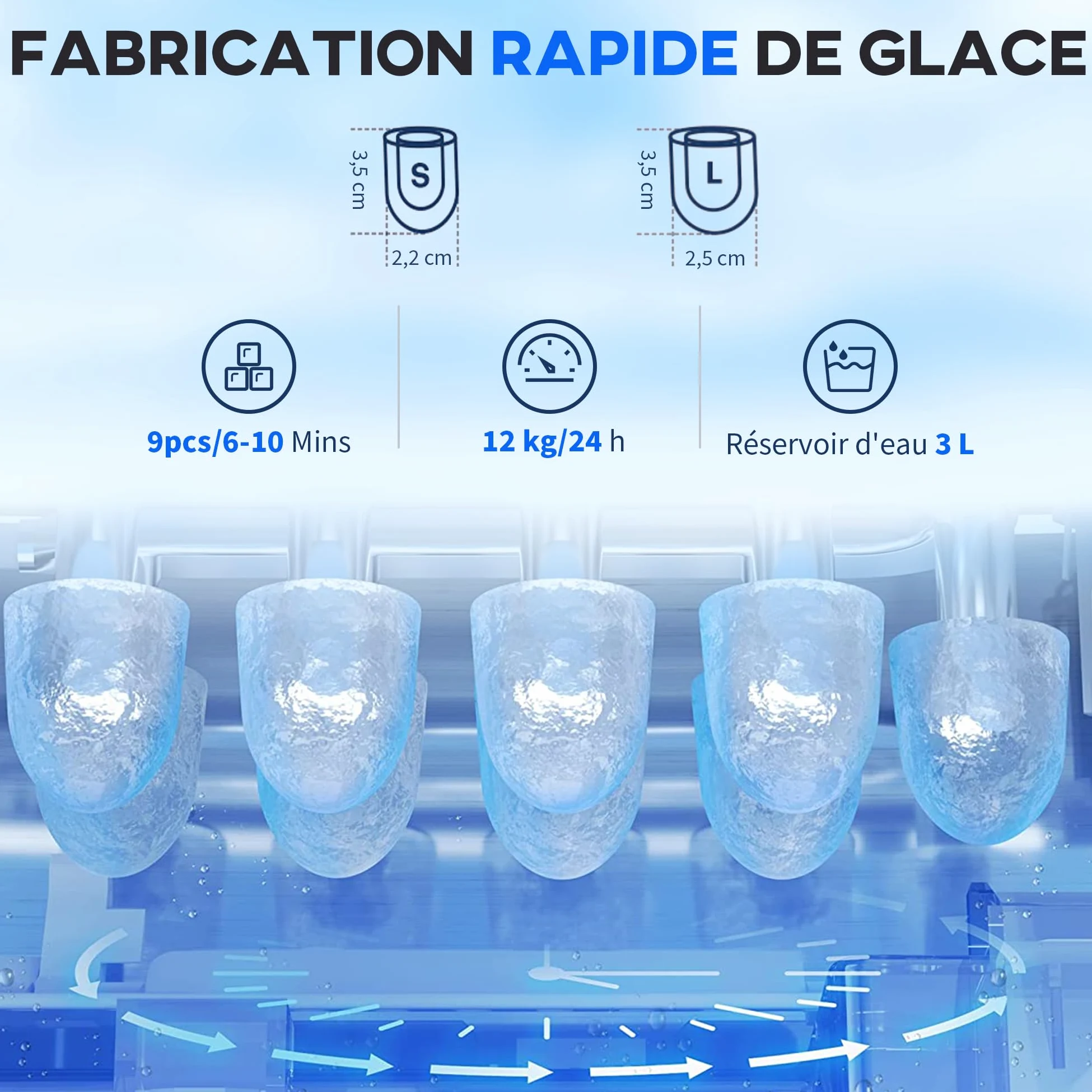 HOMCOM Machine à Glaçons avec Distributeur d'Eau, 12kg en 24h, 9 Glaçons en 6-10 Minutes, Ice Maker Portable, Taille de Glaçon Réglable, Minuterie, Réservoir d'Eau 3L, pour Maison, Cuisine, Bar, Noir