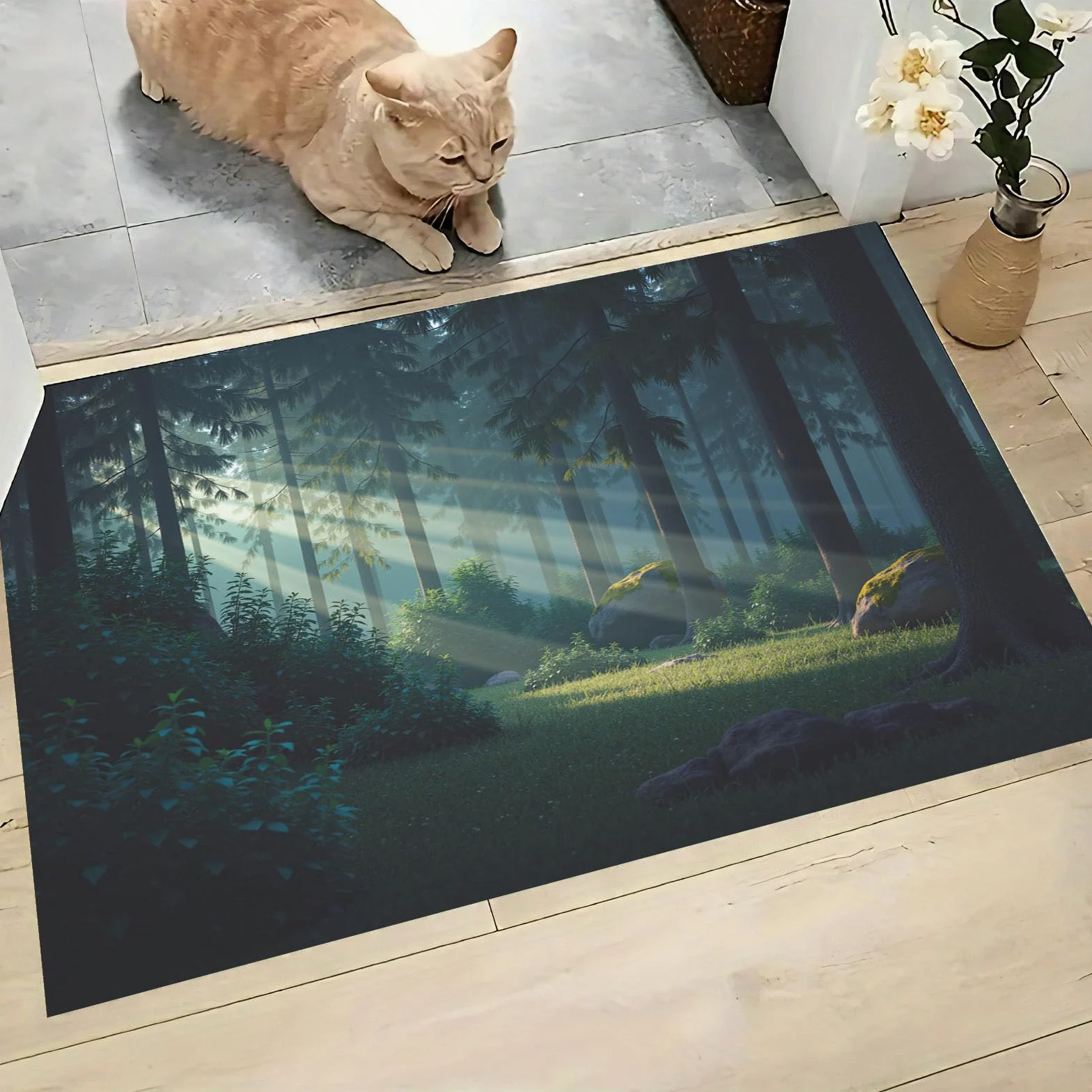 Paillasson de intérieur Antidérapant, Tapis de Guérison Paysage, Tapis Salle de Bain Flanelle Douce, Absorbant l'eau, pour Cuisine (Soleil Forêt, 80x120cm
