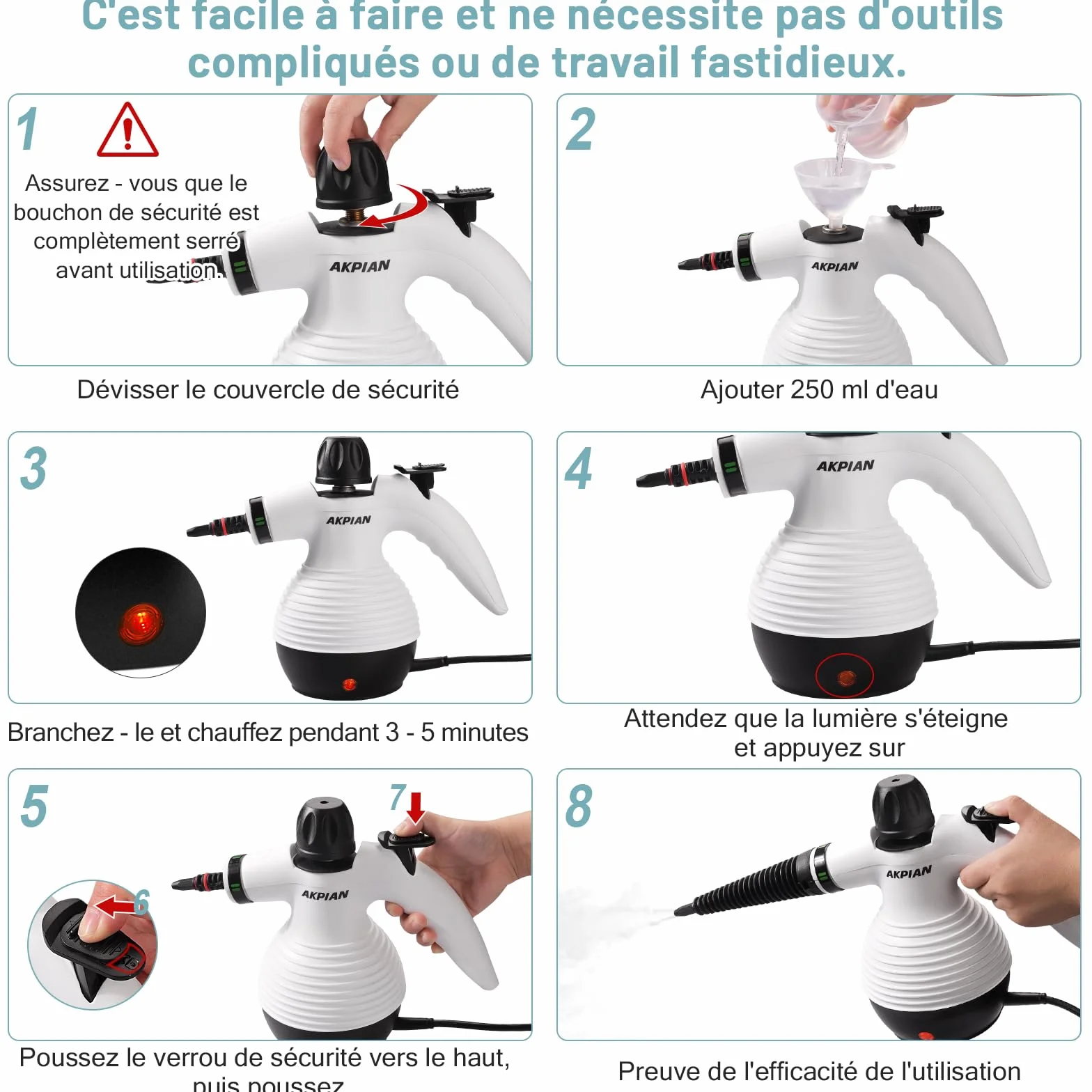 Nettoyeur vapeur à main, nettoyeur vapeur portable, multi-usage, avec serrure de sécurité et kit d'accessoires de 10 pièces pour enlever la saleté, la graisse