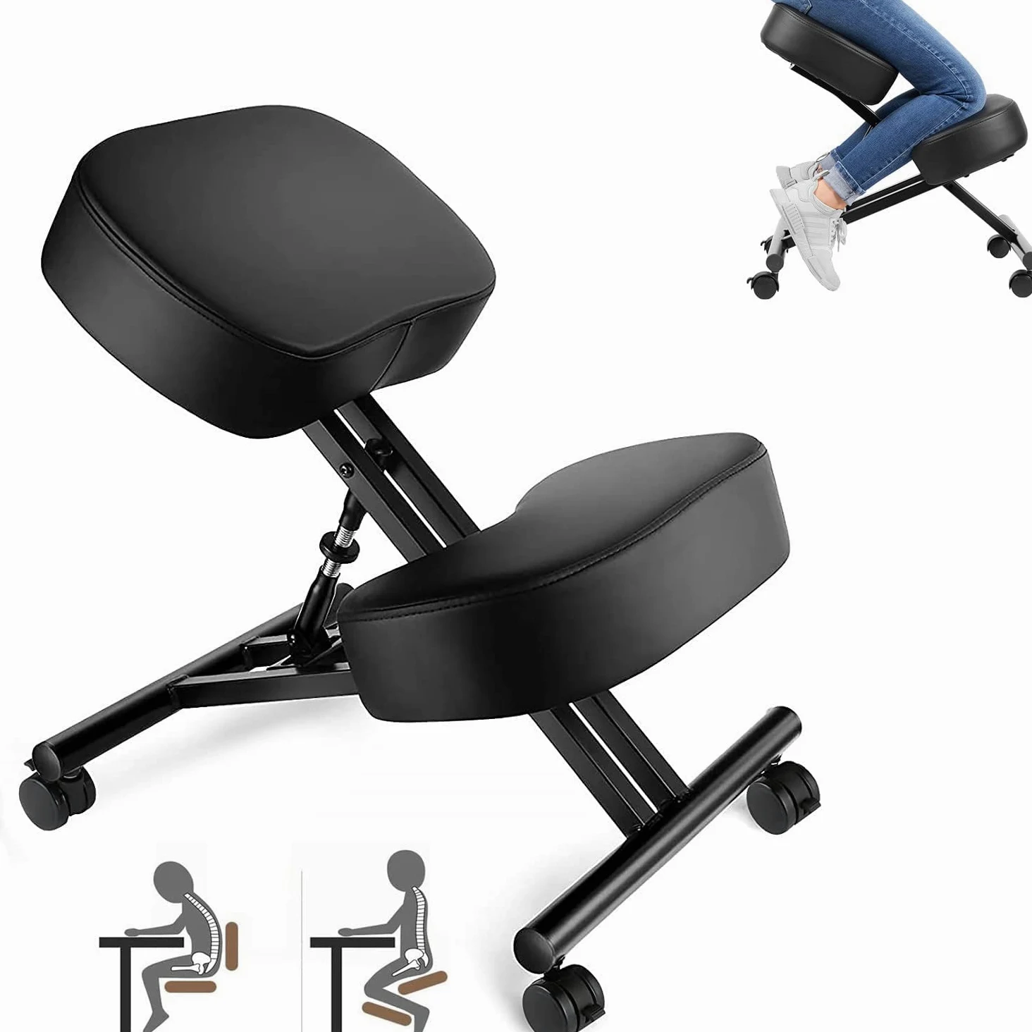 Chaise à Genoux de Bureau Ergonomique, Tabouret Genoux pour la Maison et Le Bureau, Chaise pour Ordinateur avec roulettes, Réglable Hauteur, Structure de Métal, Faux Cuir, Rembourrée