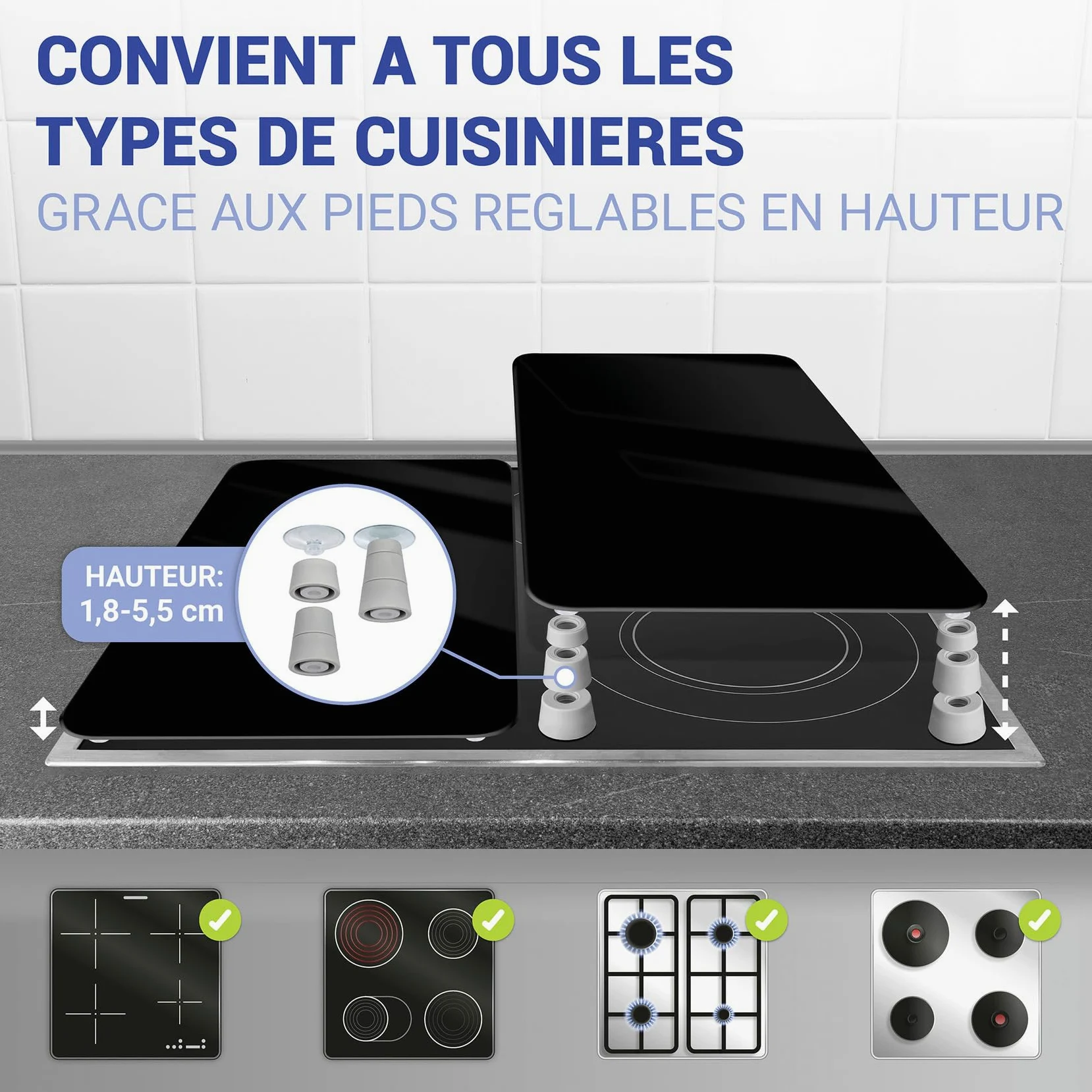 WENKO Plaque de Recouvrement Universelle Mod. Noir, réglable en Hauteur pour Tout Type de cuisinière, Planche à découper et Protection Anti-éclaboussures, Verre, 30 x 52 cm, 2 pièces