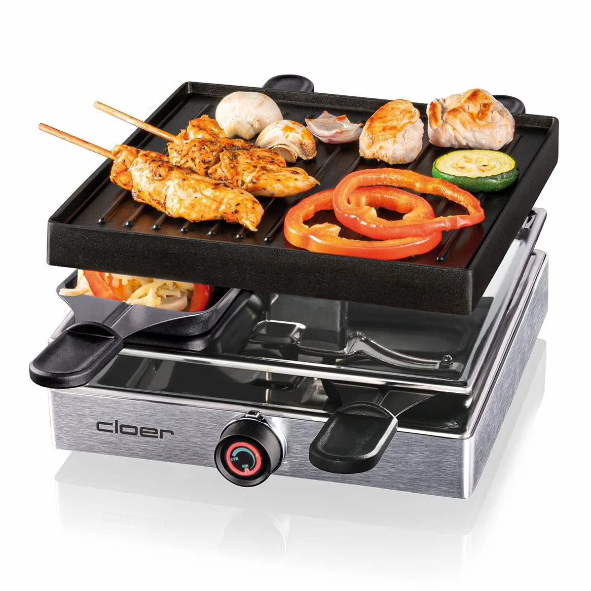 Cloer 6454 Raclette gril avec plaque en aluminium moulé sous pression, 4 poêlons à raclette antiadhésifs, spatule en plastique, emplacement de stationnement non chauffé, 750 W, aluminium