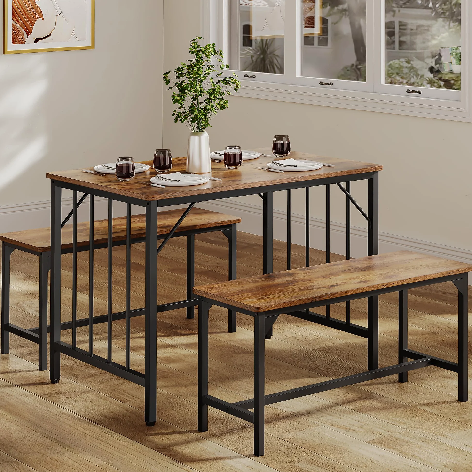 YITAHOME Ensemble Table de Salle à Manger et 2 chaises, Ensemble de Salle à Manger 3 pièces avec Banc, Peu encombrant, Table à Manger pour Cuisine, Appartement, Marron Rustique