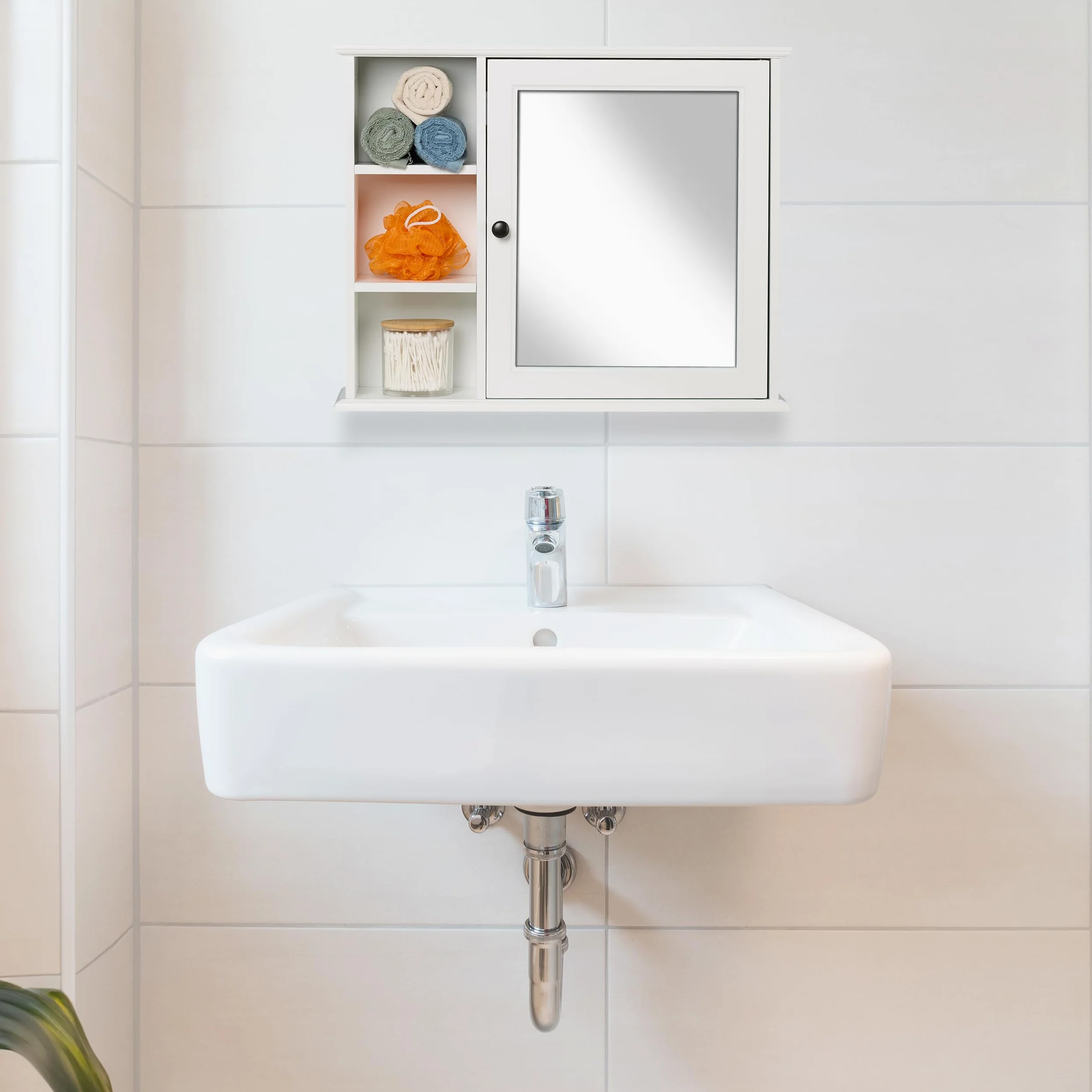 Relaxdays Armoire de Salle de Bain, Miroir, 3 étagères Ouvertes, 2 Compartiments, HxLxP : 48 x 60 x 18 cm, Blanche