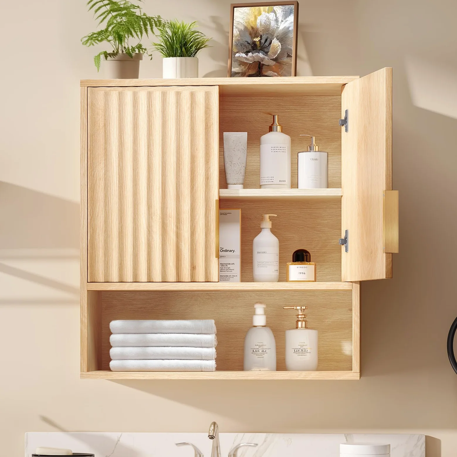 Bonnlo Armoire Murale de Salle de Bain en Chêne, 2 Portes et 3 Étagères de Rangement, 58 x 20 x 62 cm, Meuble de Rangement Suspendu pour Salle de Bain, Cuisine, Salon