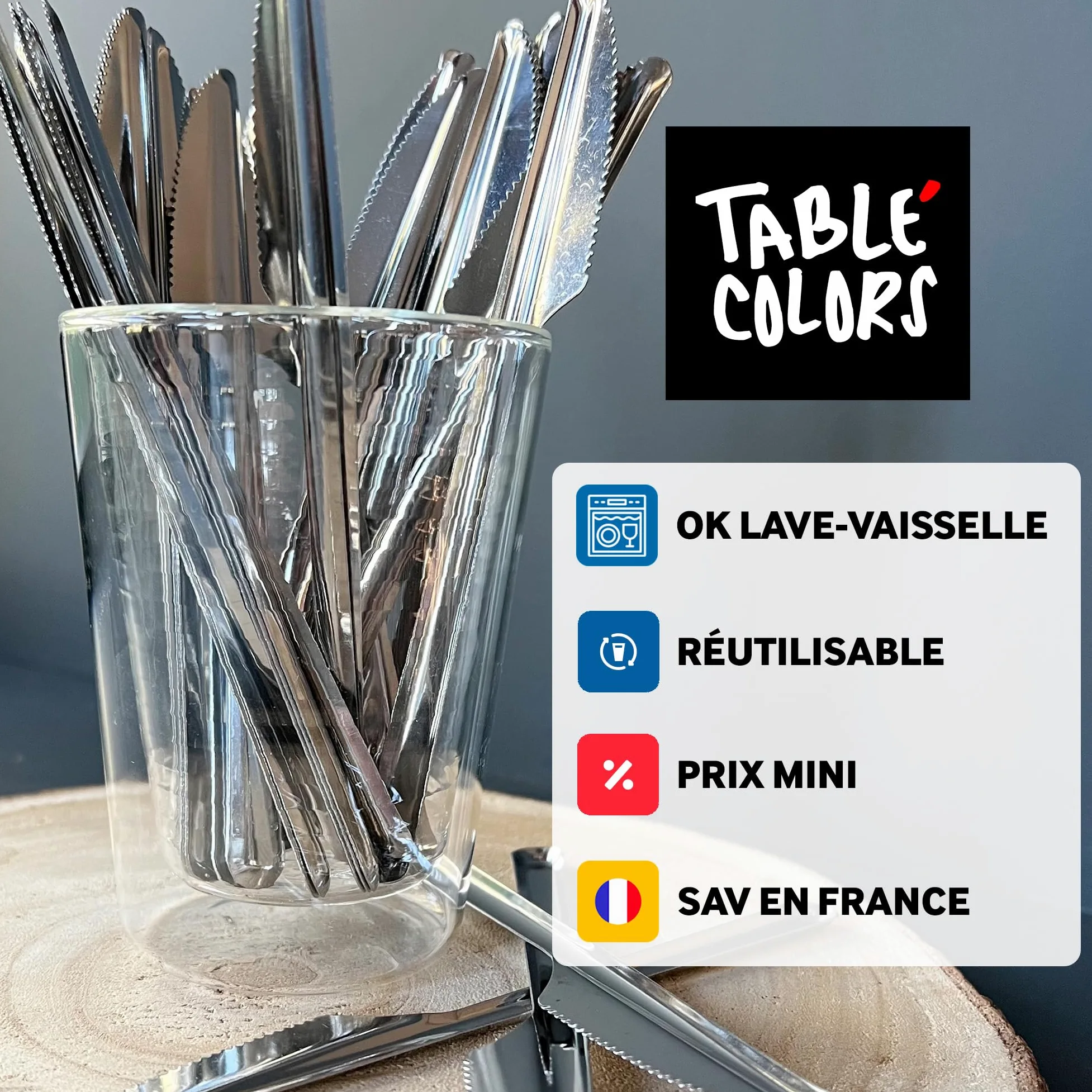 Pack de 120 couverts de table en inox - 40 couteaux - 40 fourchettes - 40 petites cuillères - Passe au lave vaisselle - Inoxydable - Fêtes et anniversaires - Pique-nique - Table’Colors