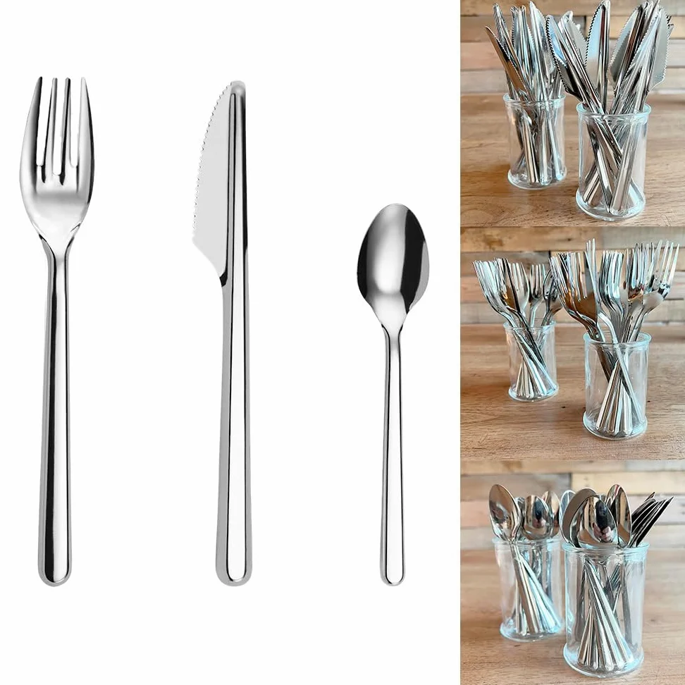 Pack de 120 couverts de table en inox - 40 couteaux - 40 fourchettes - 40 petites cuillères - Passe au lave vaisselle - Inoxydable - Fêtes et anniversaires - Pique-nique - Table’Colors