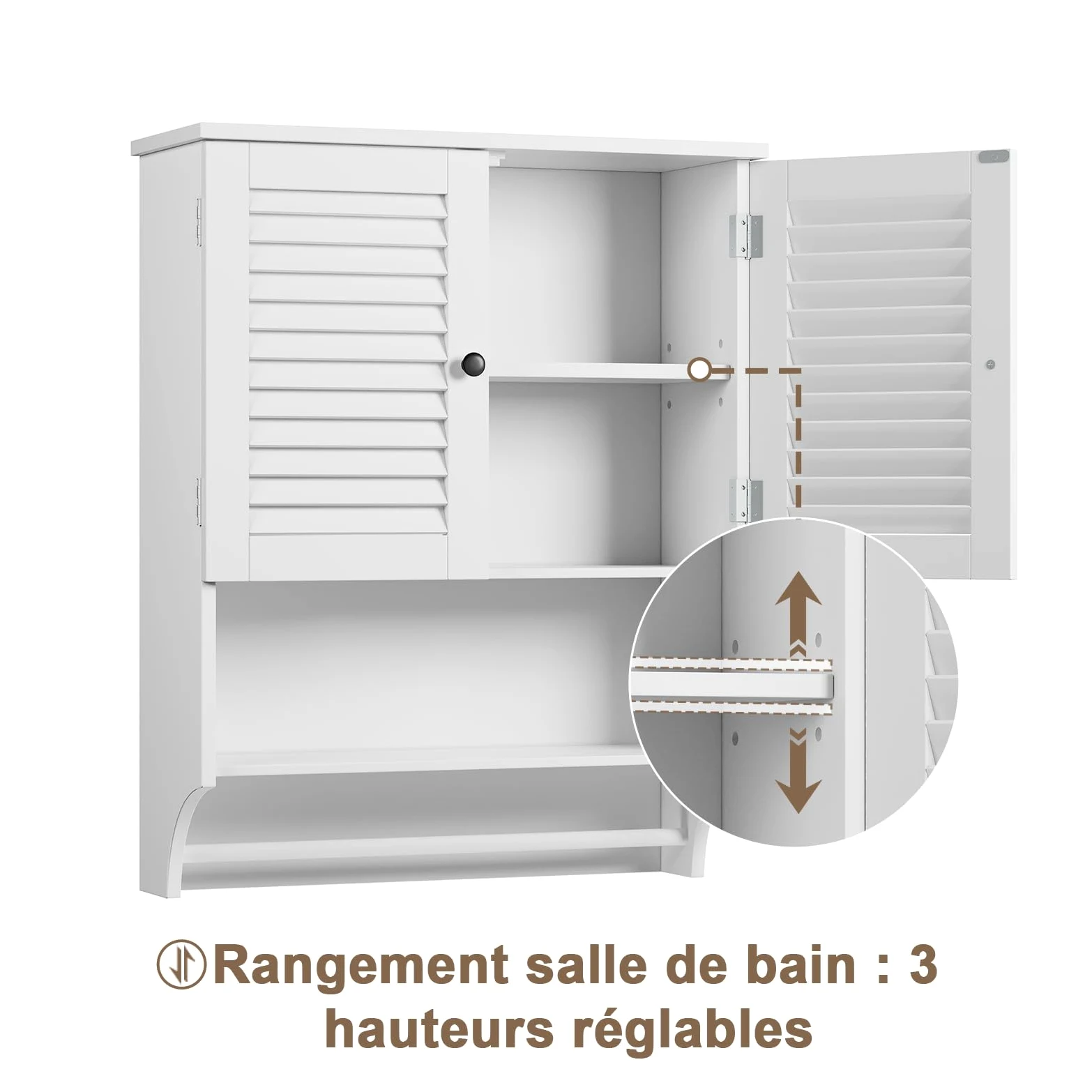 Meuble Salle de Bain Mural 2 Portes, Étagères Réglables avec Barre à Serviettes Blanc