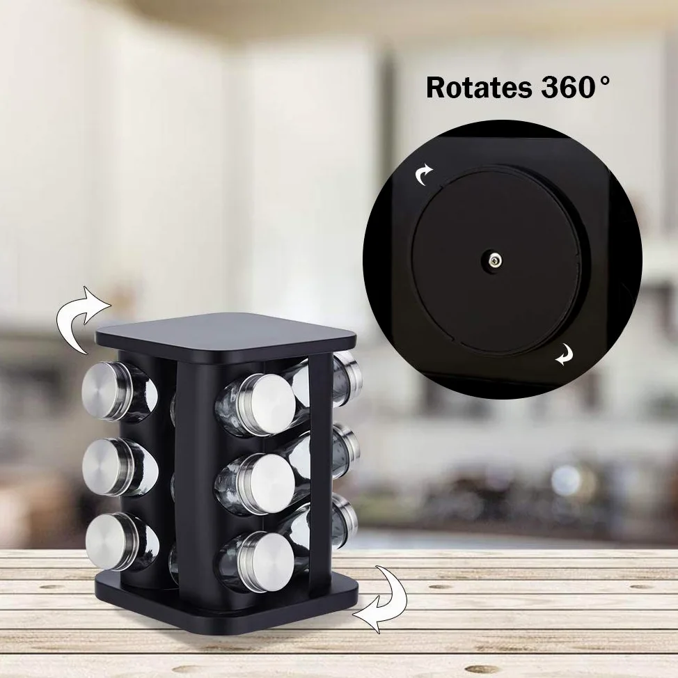 Étagère à épices rotative en acier inoxydable pour 12 pots - Organiseur de comptoir carré - Tour de rangement pour assaisonnements - Pour cuisine - Noir