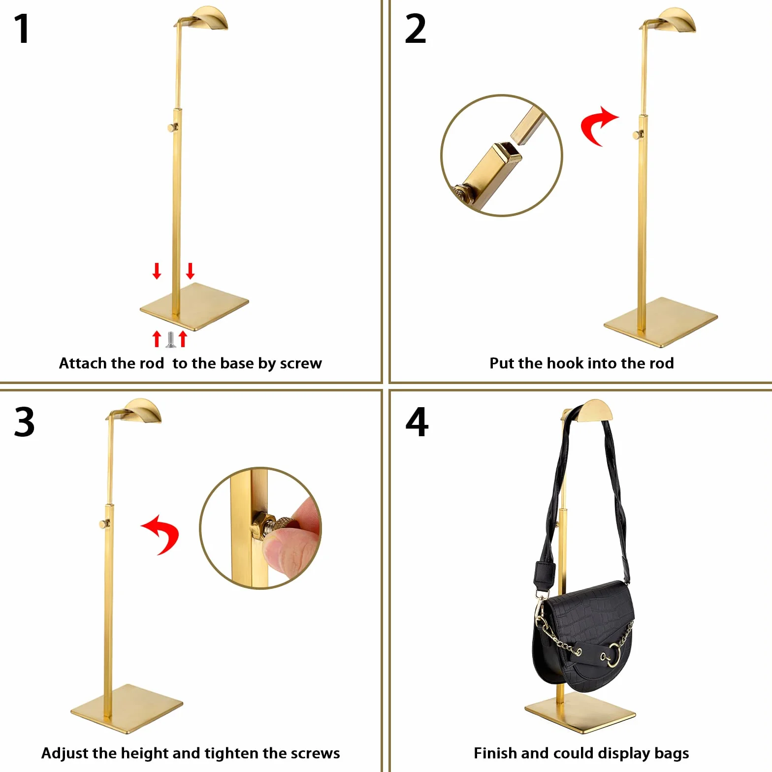 2pcs Présentoir de sac à main en métal réglable hauteur 34-59CM support de sac présentoir de collier pour magasin, maison (type 1, doré)