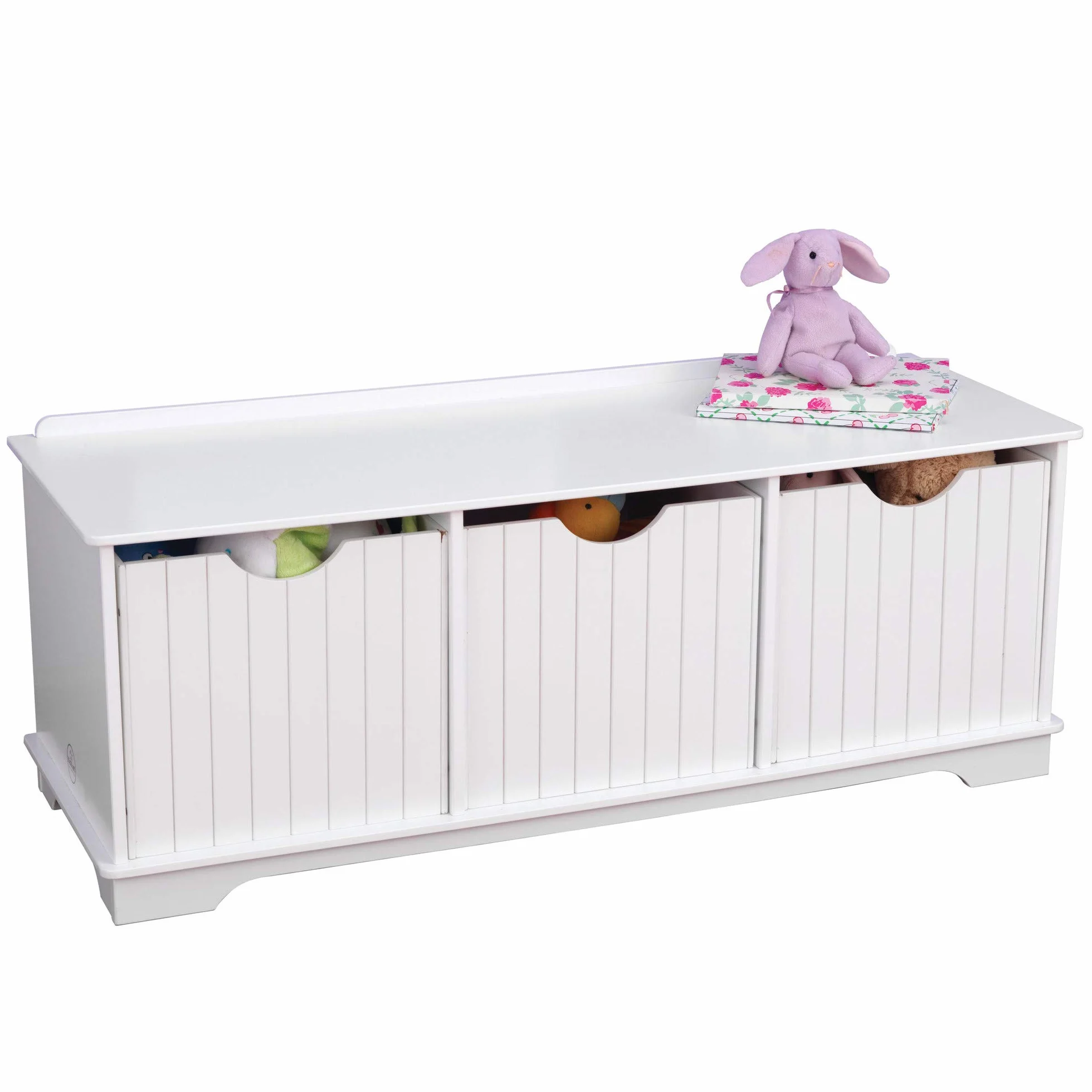 KidKraft Banc de Rangement Nantucket Blanc en Bois pour Jouets d'enfants avec 3 Paniers de Rangement, Meuble de Rangement avec 3 Bacs, Meubles de Chambre d'enfant, 14564