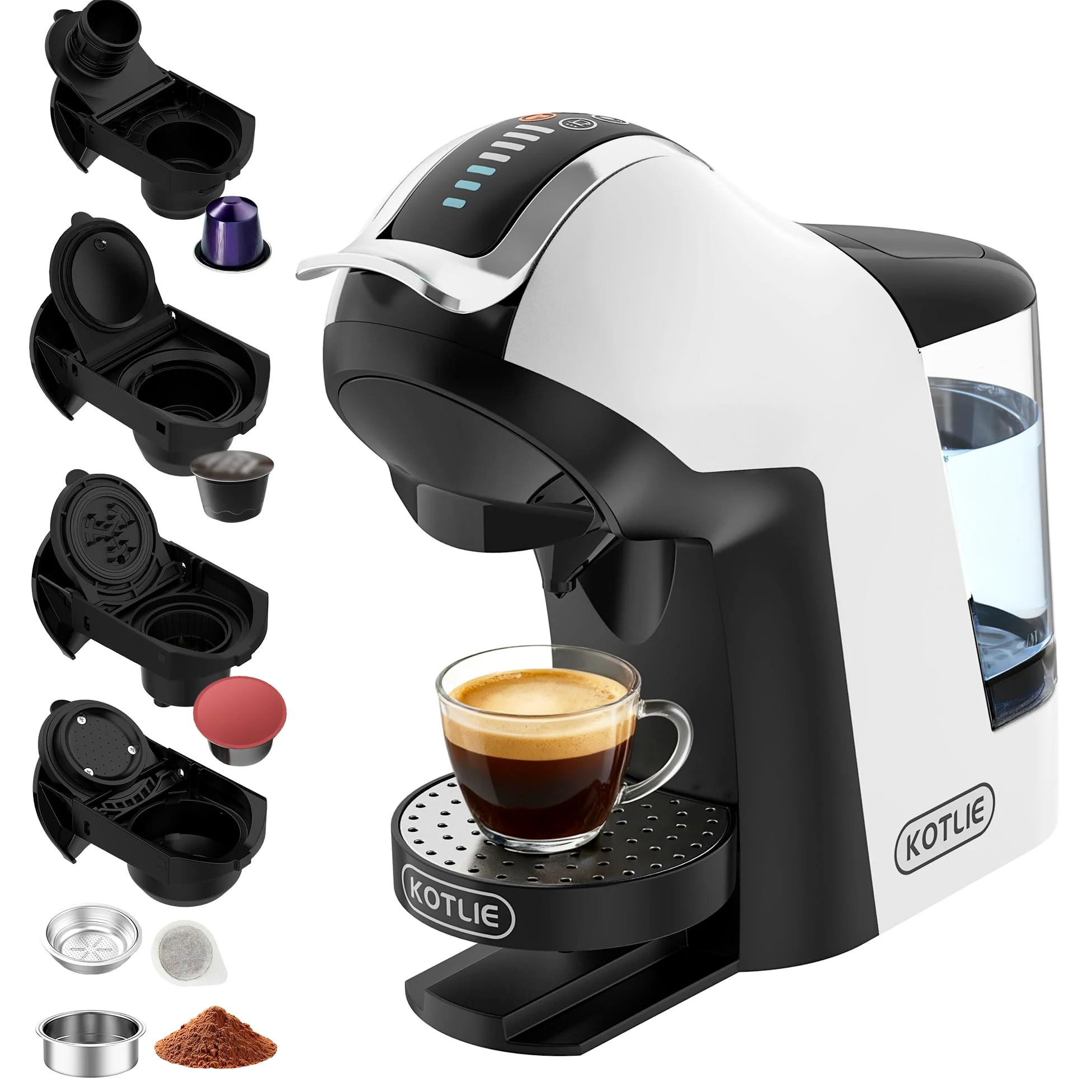 KOTLIE EM-308B Machine à café à capsules NES/DG/MIO/ESE et café moulu, réservoir d'eau de 1 litre, 3 températures d'infusion, idéale pour la cuisine, l'appartement et le bureau