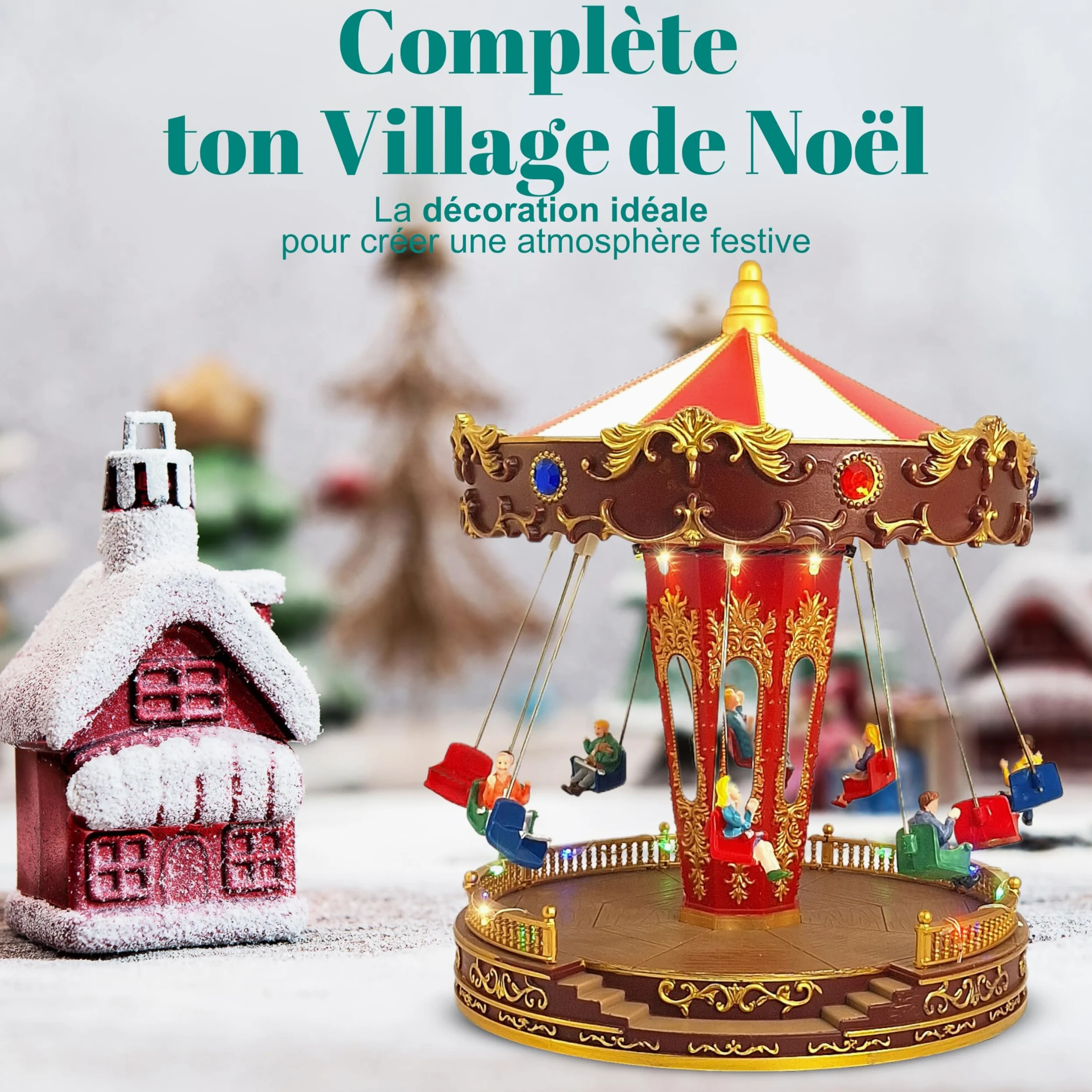 TIN Dreams | Carrousel de Noël Musical avec Mouvement, Lumières LED et Balançoires | Manège de Noël Animé | Décoration Village de Noël, Scène Miniature, Maison Illuminée | Déco Christmas Élégant