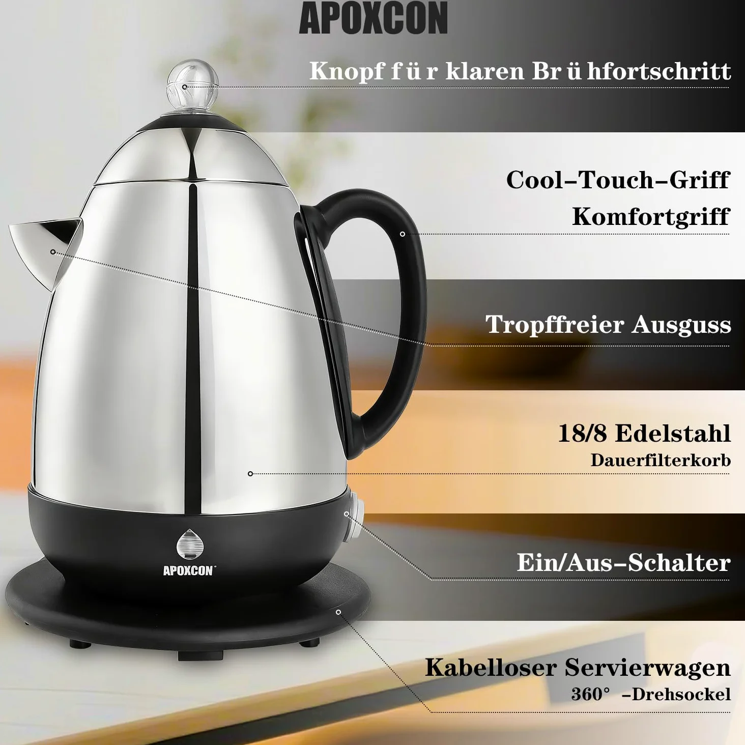 APOXCON Percolateur électrique en acier inoxydable - Fonction maintien au chaud, bec verseur anti-gouttes et interrupteur (10 tasses)