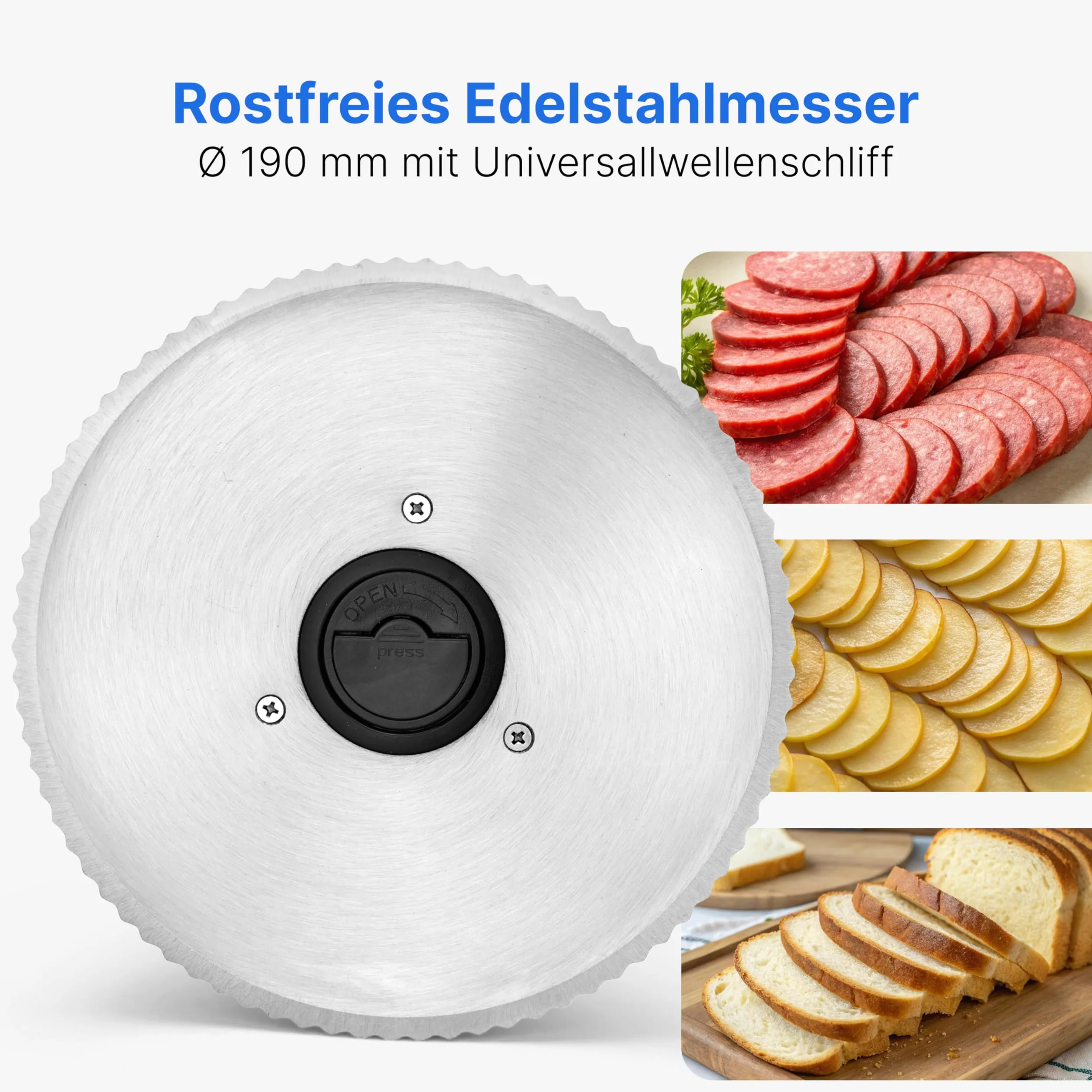 Clatronic Trancheuse universelle avec lame en acier inoxydable Ø 190 mm | Trancheuse à pain électrique | Épaisseur de coupe réglable (0-15 mm) | Trancheuse avec boîtier métallique | 150W | MA 3585