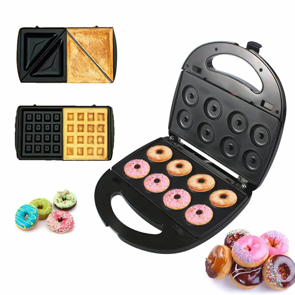 Donut Maker 3 en 1 gaufre électrique sandwich machine panini Press grill iron set avec 3 interchangeables amovibles feuilles antiadhésives