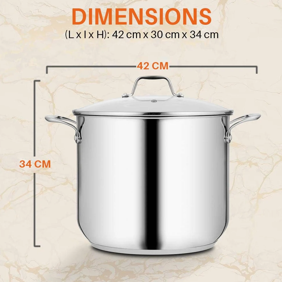 NutriChef Marmite- Faitout Inox de 18 Litres - 18-8 Qualité Alimentaire Résistant Tous Feux- Faitout-Grande Marmite avec Couvercle Transparent, Compatible Lave-Vaisselle