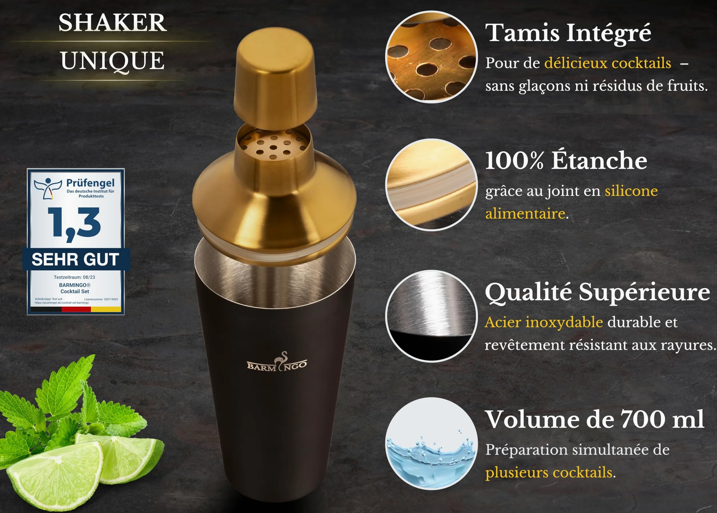 Shaker Cocktail Kit | 11 Pièces, Volume de 700 ML, Noir - Or | Shaker Cocktail INOX avec Support et Accessoires de Bar | Set Barman Cocktail Shaker | Kit Cocktail Professionnel