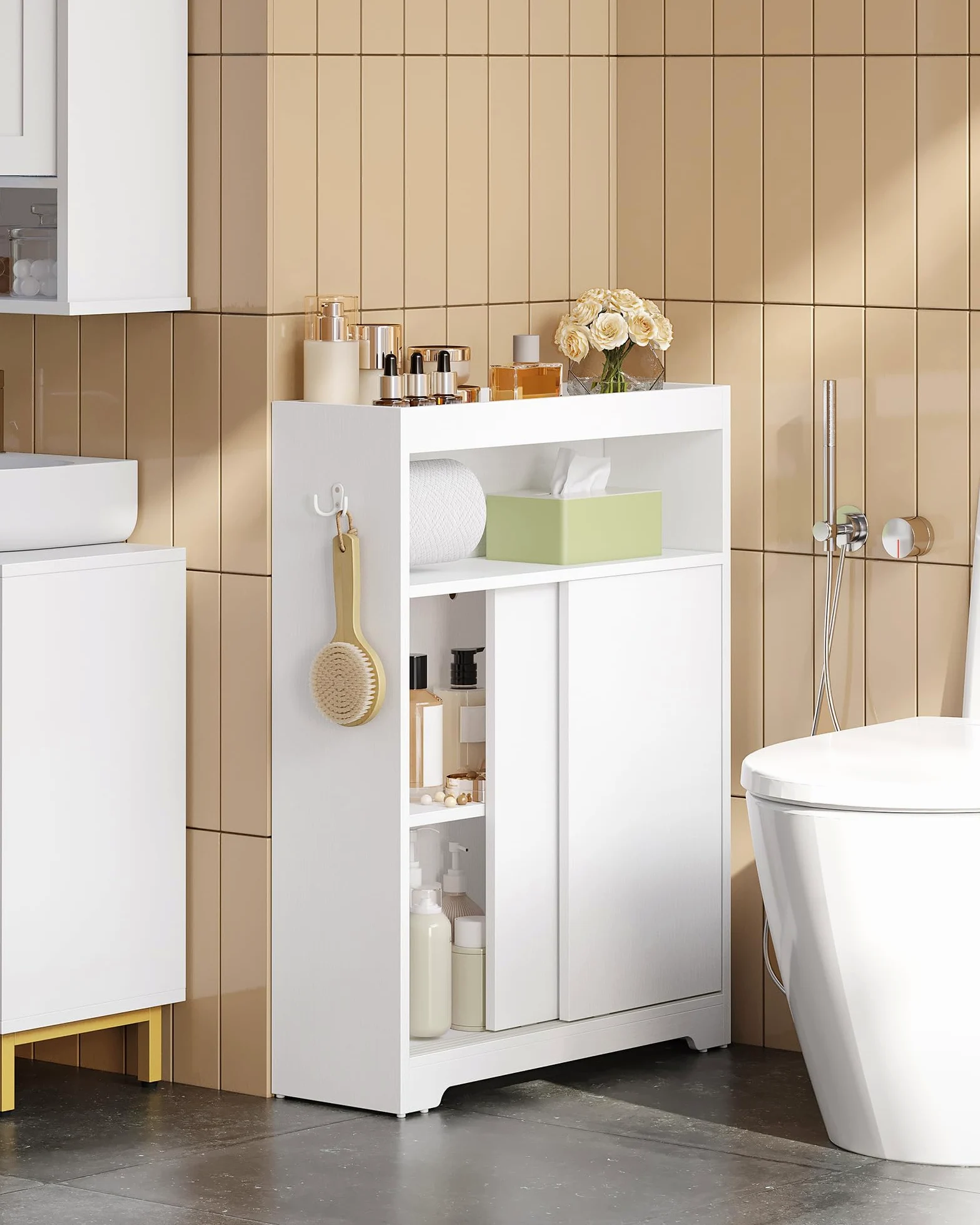 Hzuaneri Meuble de Salle de Bain, Meuble Toilette avec Rangement Papier Toilette et Crochets, Portes Coulissantes, Étagère Réglable, 20 x 60 x 80 cm, Blanc BC62813X