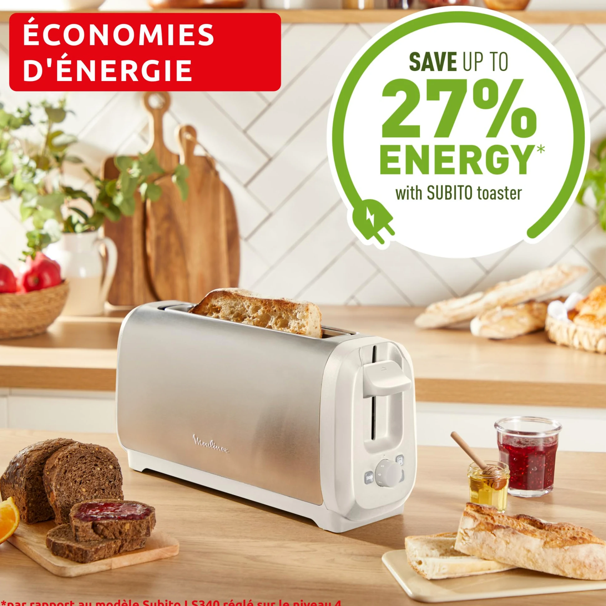 Moulinex Subito, Grille-pain longue fente avec chauffe-viennoiseries, Dorage plus rapide, Économies d'énergie, Rise et inox, LS5S1AE0