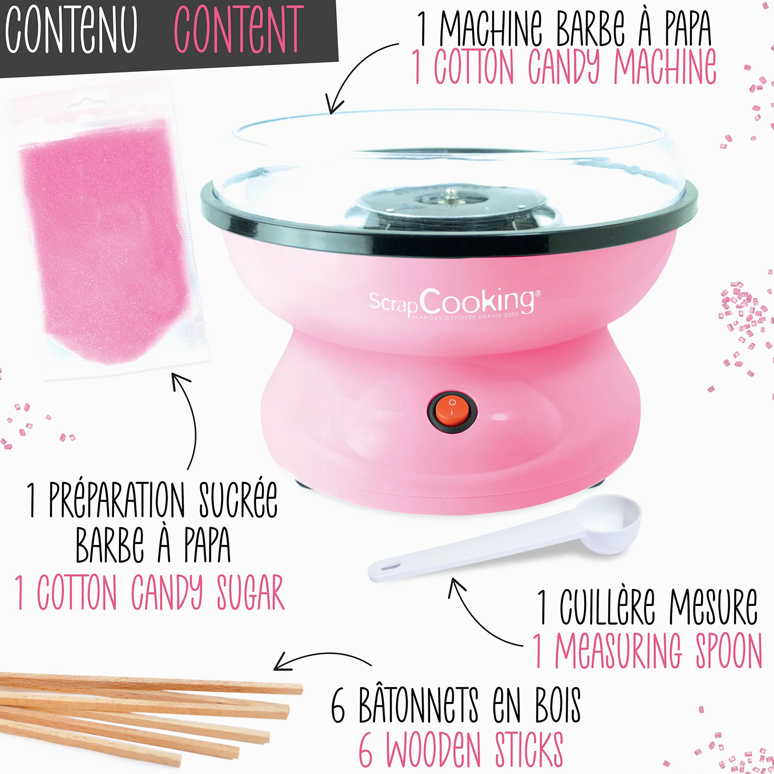 ScrapCooking - Machine Barbe à Papa - Kit Complet pour faire Barbes à Papa Maison : Avec Sucre, Bâtonnets & Cuillère Mesure - Atelier Barbe à Papa - Appareil Électrique Anniversaire - Rose - 3900