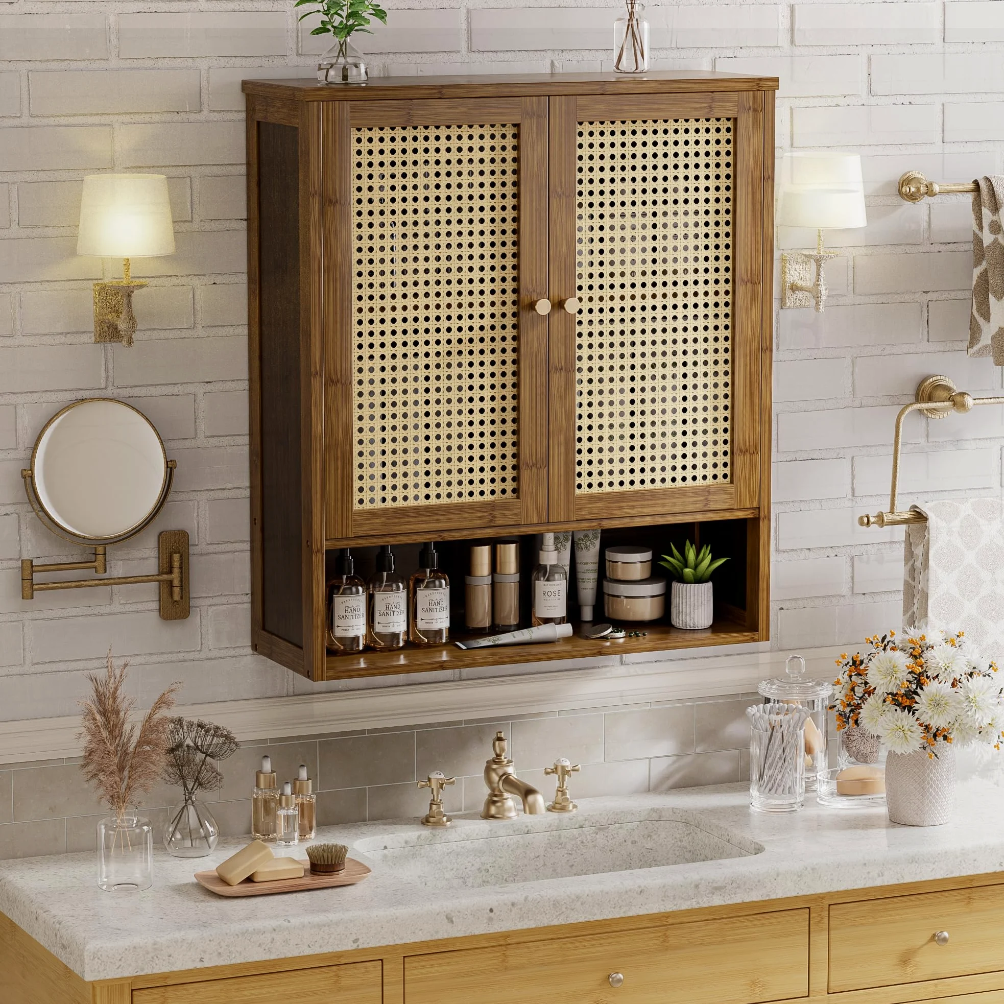 Armoire Murale de Salle de Bain en Bambou avec 2 Portes en rotin et étagère réglable, Armoire à Pharmacie économiseur d'espace pour Linge, Cuisine, Salon (Noyer)