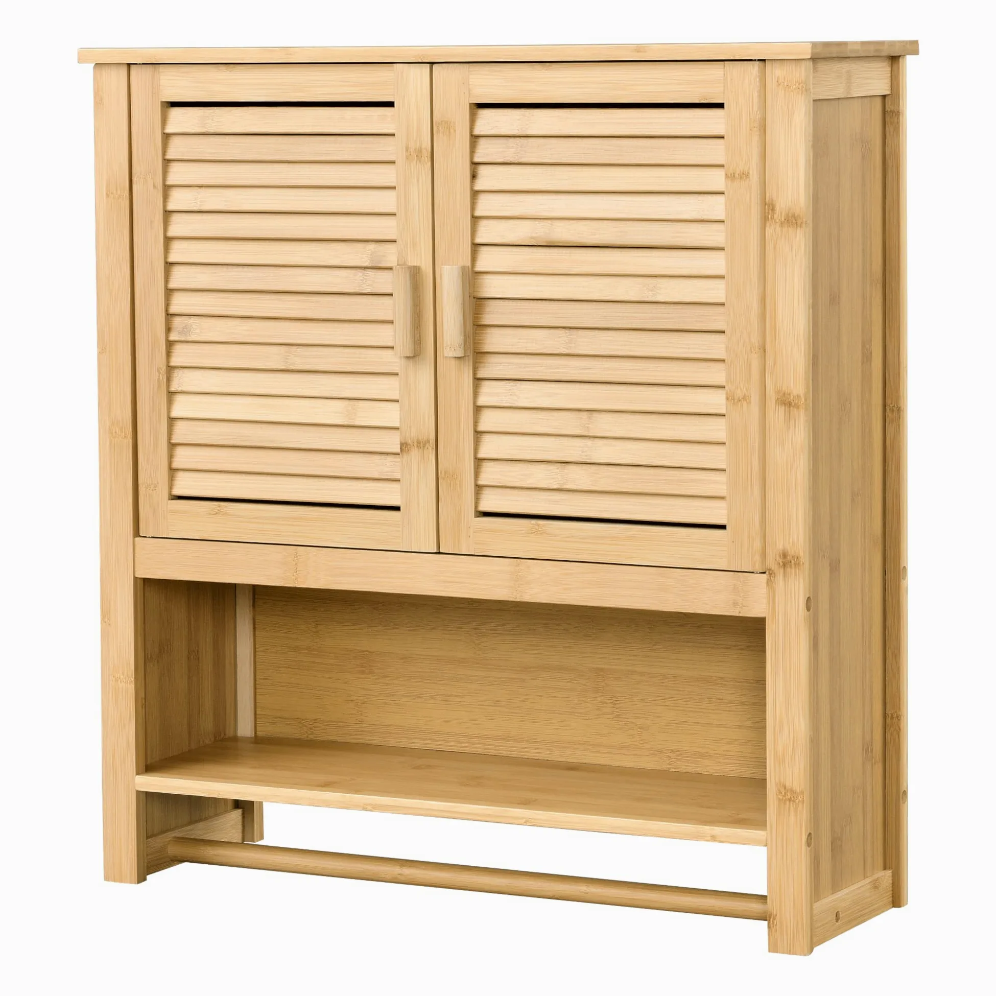 [en.casa] Meuble de Rangement Mural à 3 Niveaux Placard de Salle de Bain avec Porte-Serviette Intégré 2 Portes Bambou 66 x 62 x 20 cm Naturel