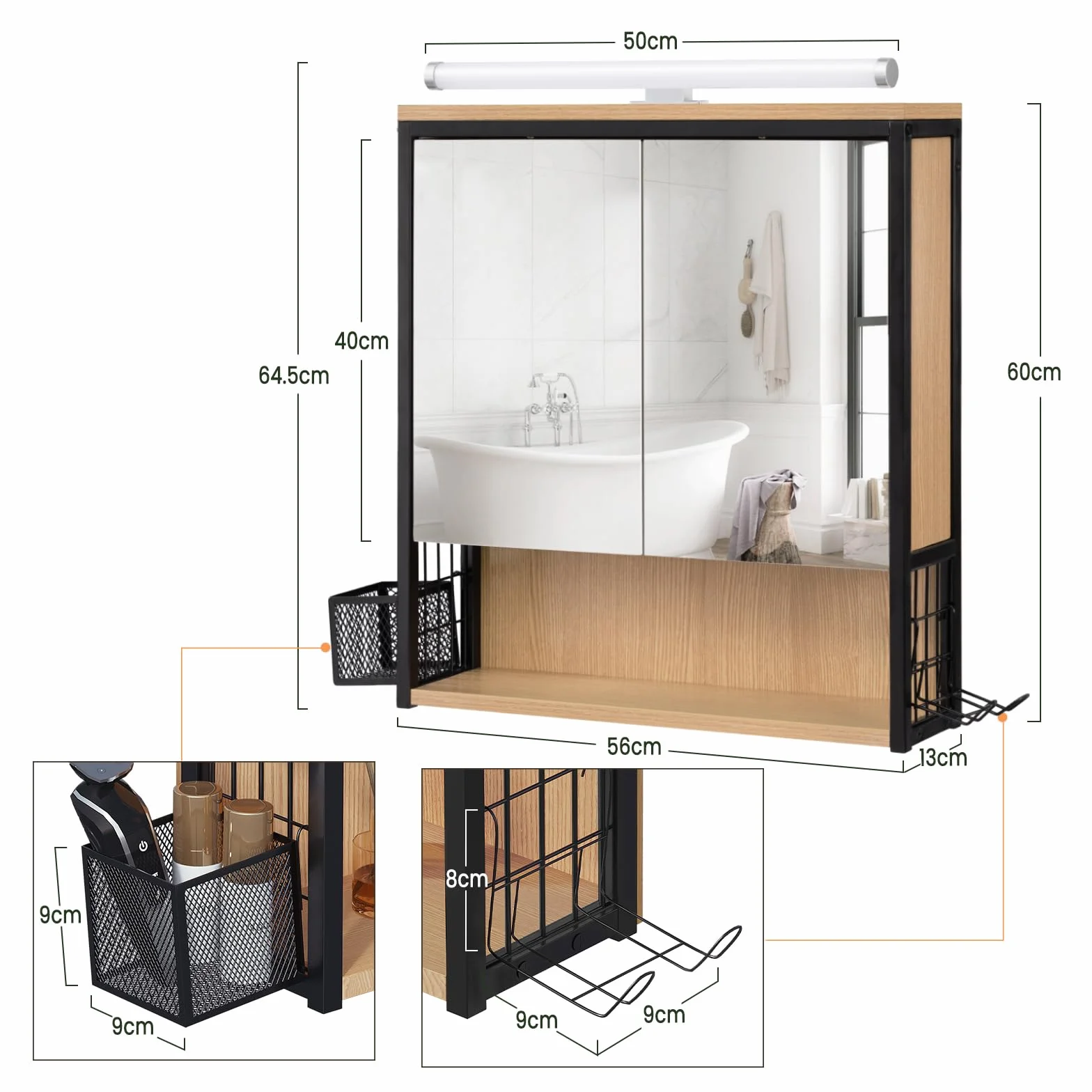 EUGAD Armoire Murale Salle de Bain avec Miroir et LED, Meuble Salle de Bain, Armoire de Toilette, avec Étagère Réglable, Support Sèche-Cheveux, Chêne +Noir