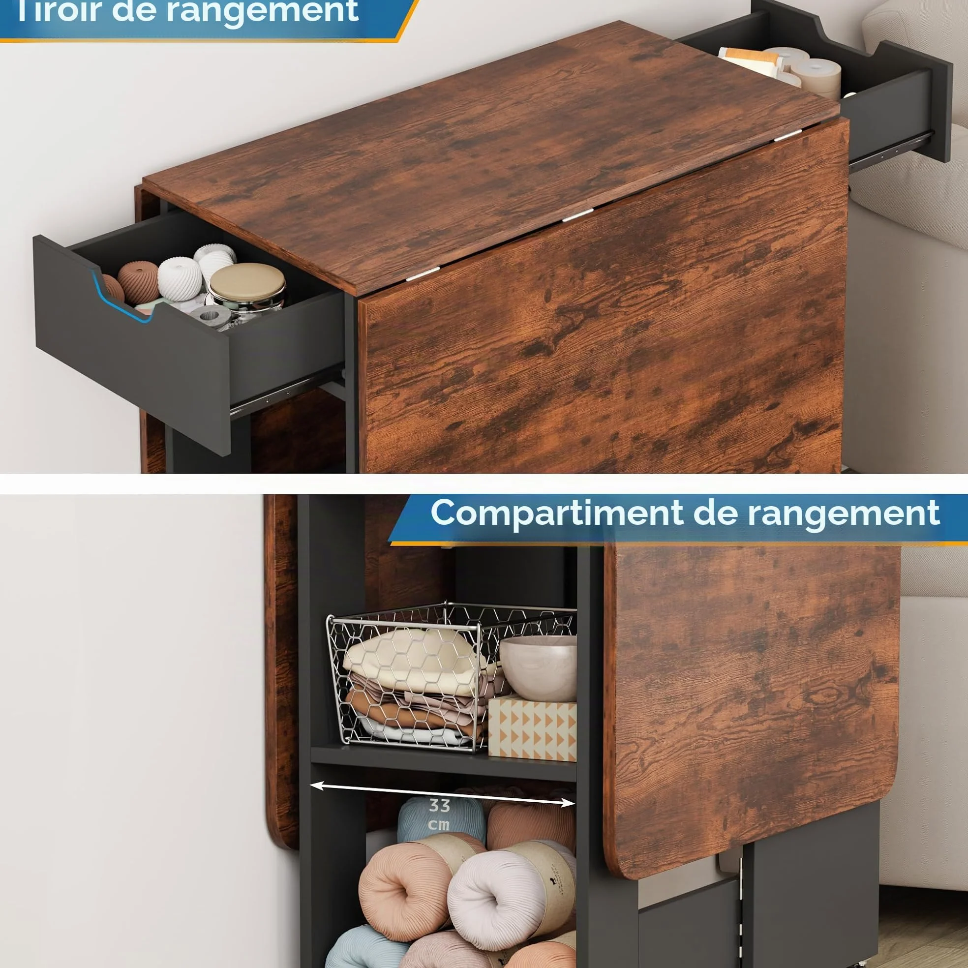 Mondeer Ensemble Table à Manger Pliable 140 cm avec 4 Chaises Rembourrés, Ensemble Table avec 2 Tiroirs et 2 Etagères de Rangement, pour Petits Espaces Cuisine Salle à Manger (Marron et Noir)