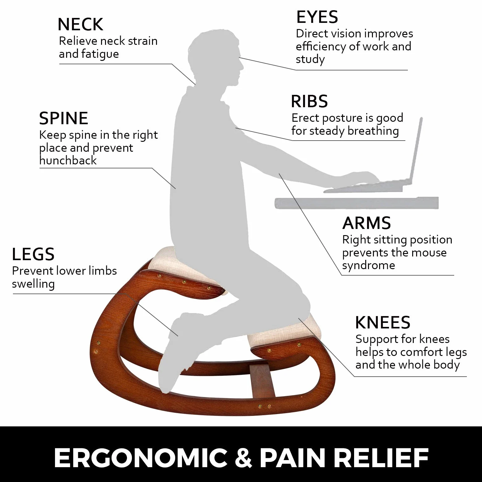VEVOR Tabouret Ergonomique Tabouret Réglable Ergonomique Coussins Confortables Bureau Maison Façonnant et Soulageant Stress Fauteuil Ergonomique à Genoux Noix de Pécan