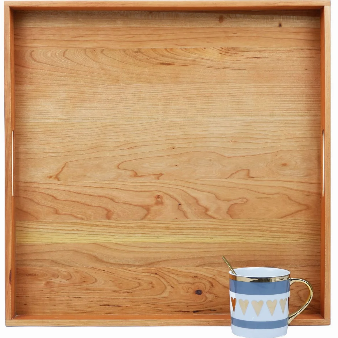 Grand plateau de service carré en bois de cerisier 48,3 x 48,3 cm avec poignées, pour servir du thé, du café