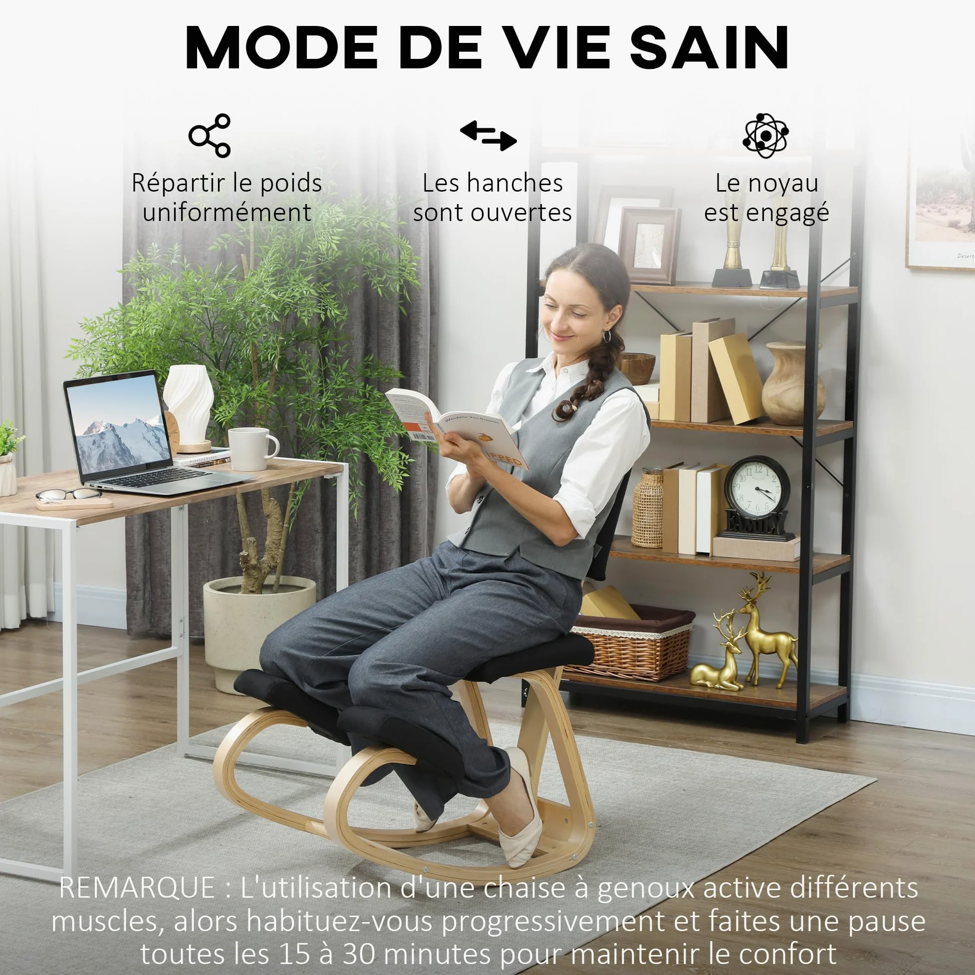 HOMCOM Chaise à Genoux Ergonomique avec Dossier, siège Assis Genoux à Bascule, Tabouret Ergonomique, Tabouret Bureau orthopédique, correcteur de Posture, soulager Les douleurs au Dos, Noir