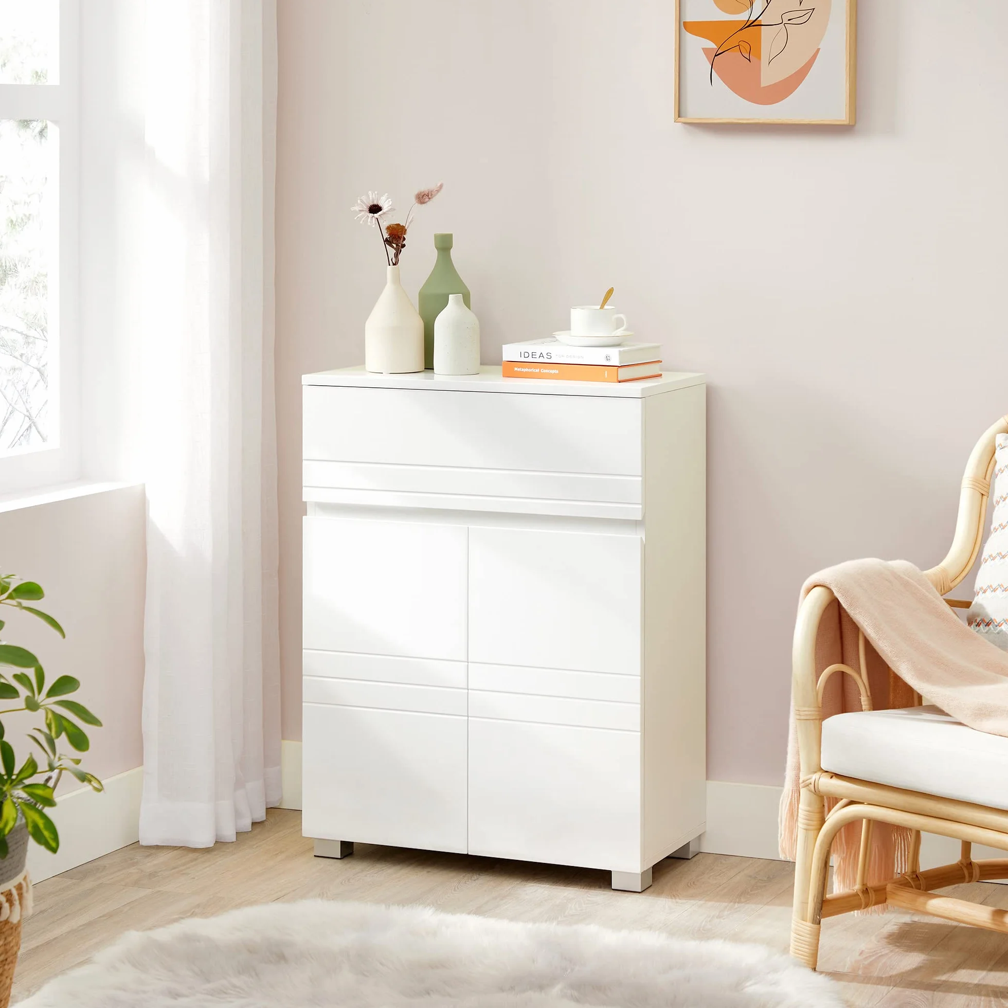 VASAGLE Meuble de Salle de Bain sur Pied, Meuble de Rangement avec tiroir, Armoire à Double Porte, étagère réglable, pour entrée, Couloir, 60 x 30 x 80 cm, Blanc BBK140W01