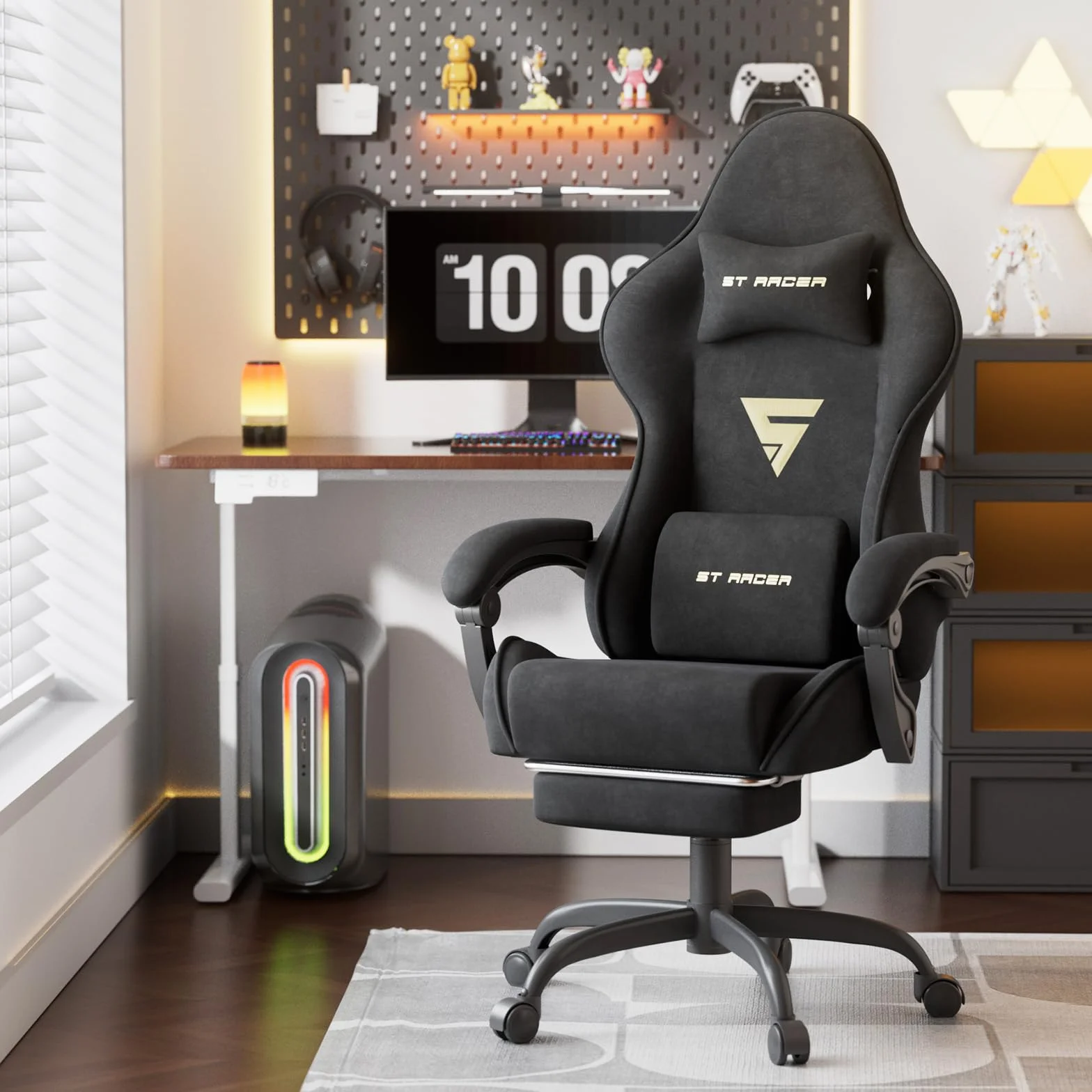 Ferghana Chaise Gaming Chaise Ergonomique Bureau Tissu Fauteuil Gaming en Tissu Velours, avec Coussin Lombaire De Massage, Coussin De Nuque, Repose-Pied, Capacité de Poids de 250lb, Noir