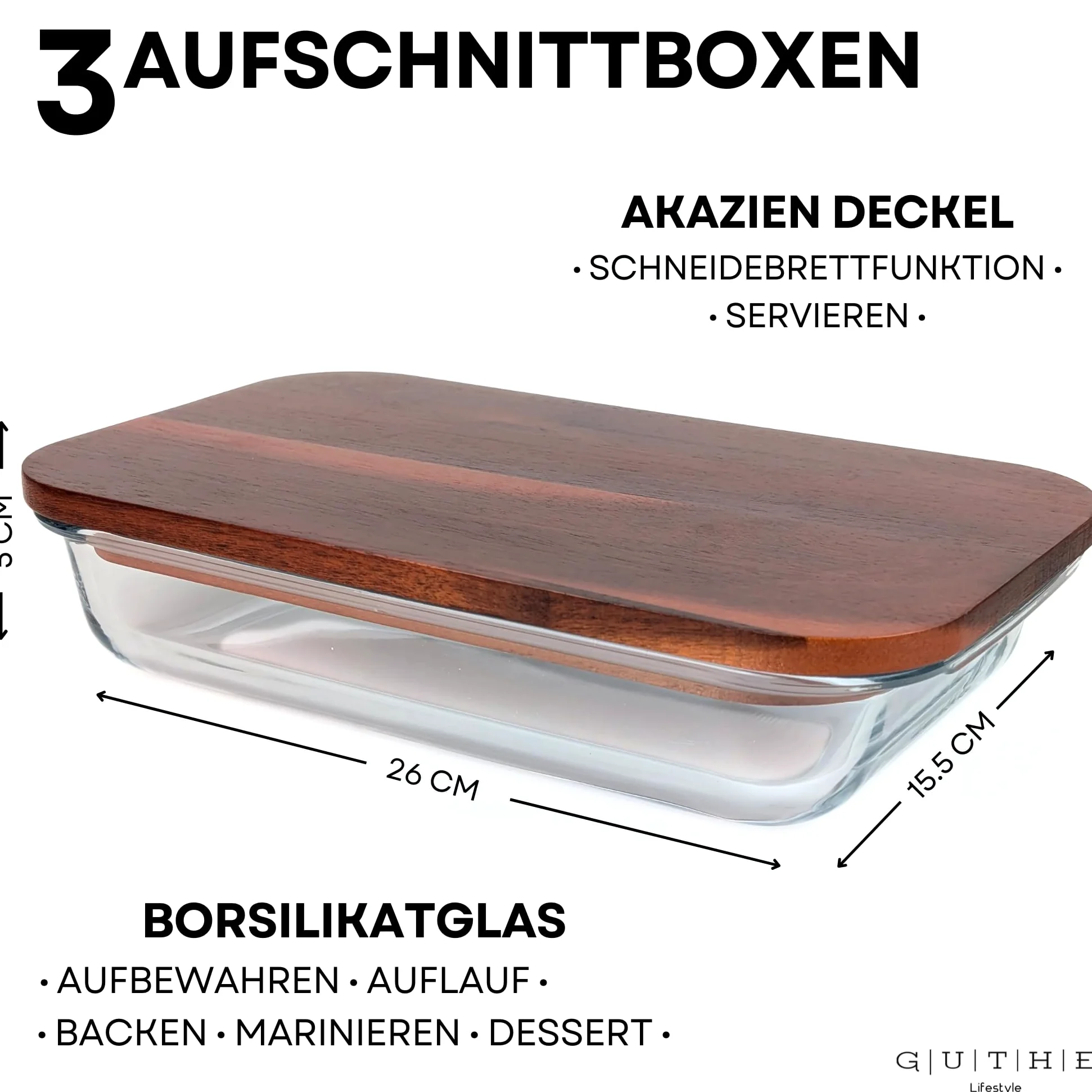 GUTHE Lifestyle Lot de 3 boîtes à charcuterie en verre pour réfrigérateur, empilables, avec couvercle en acacia, plat à gratin et rangement de saucisses et fromage
