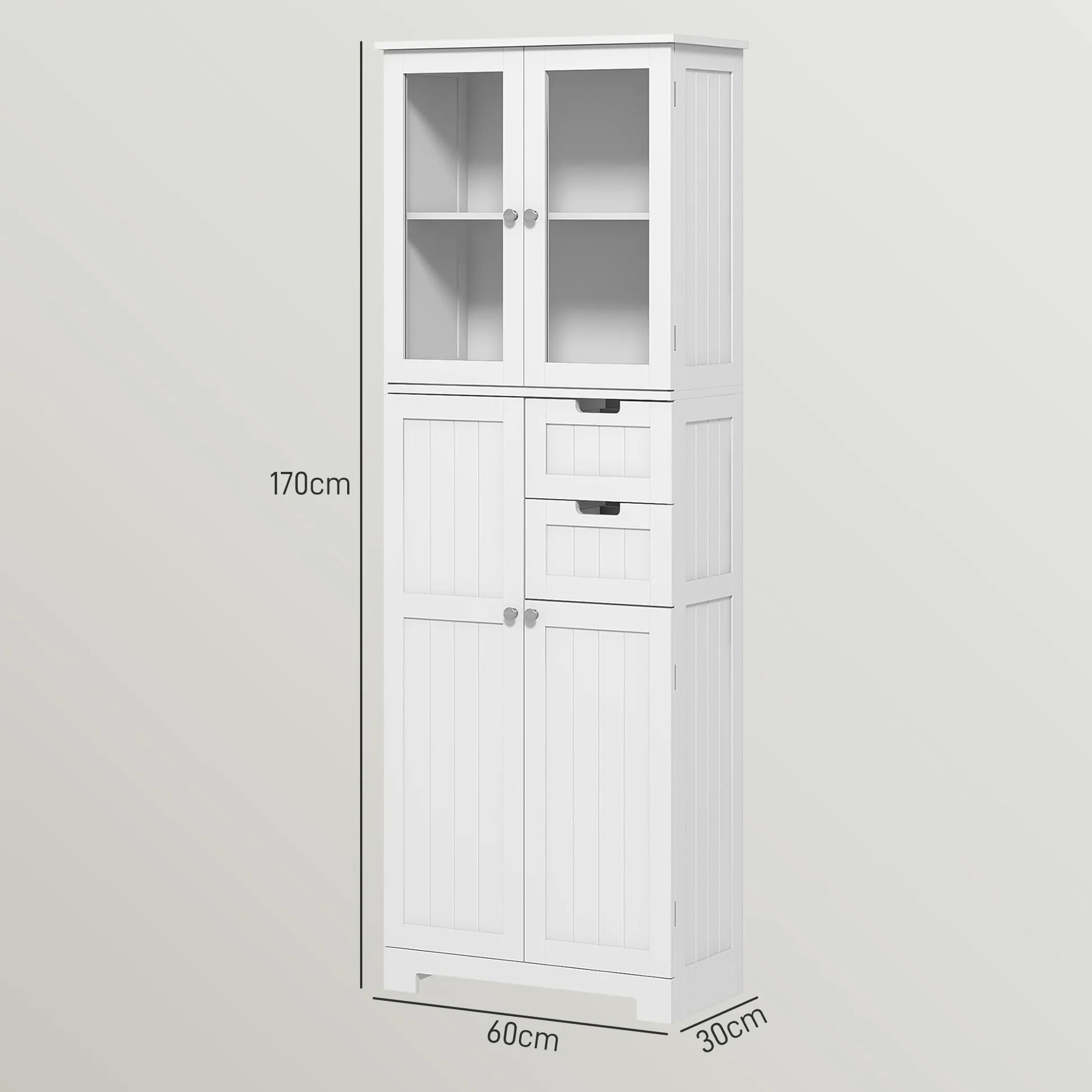 HOMCOM Meuble de Salle de Bain Haut, Meuble de Rangement, Colonne Salle de Bain avec 4 Portes Dont 2 vitrées, 2 tiroirs et étagères réglables, Style Moderne, pour Salon, Chambre, 60x30x170cm, Blanc