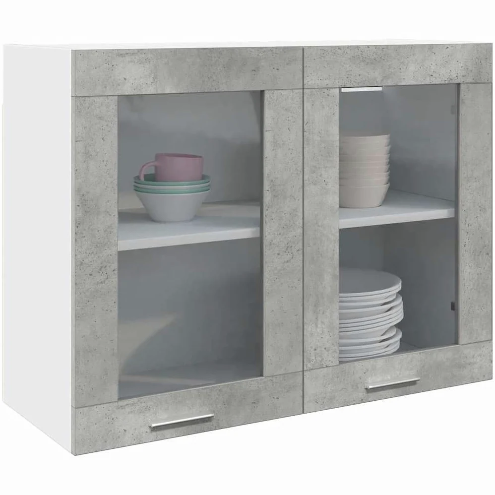 vidaXL Armoire Murale en Verre Lyon, Gris Béton, 80x31x60 cm, Bois d’ingénierie & Verre, Meuble Suspendu, Armoire pour Salle de Bain & Cuisine, Organisateur Maison